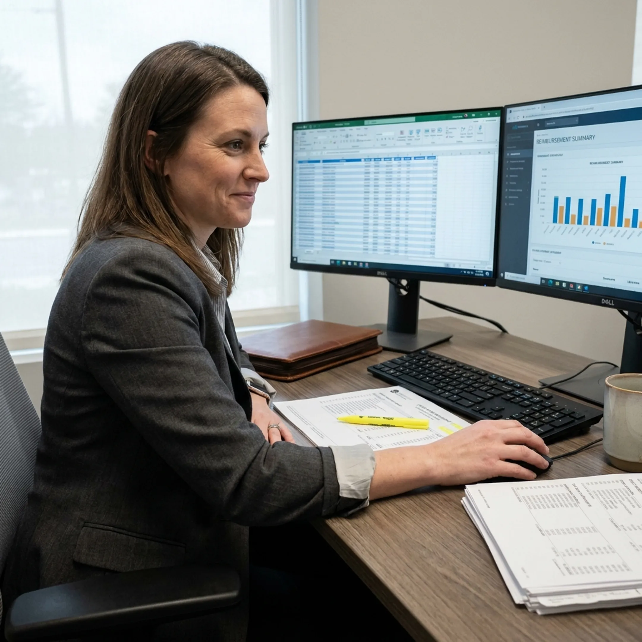 Billing specialist reviewing infectious disease practice claims and infusion revenue reports