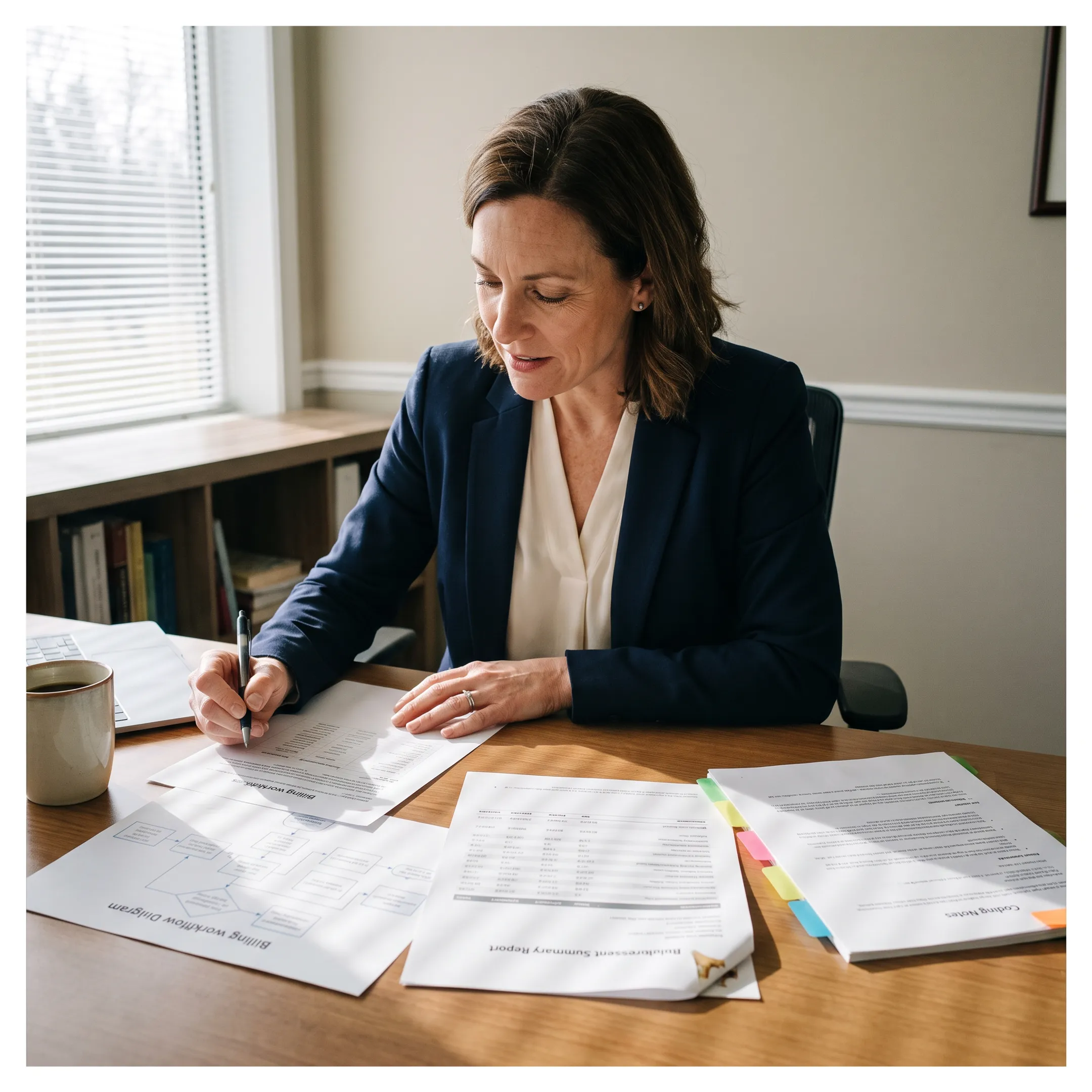 Infectious disease practice administrator reviewing billing workflow and revenue cycle reports