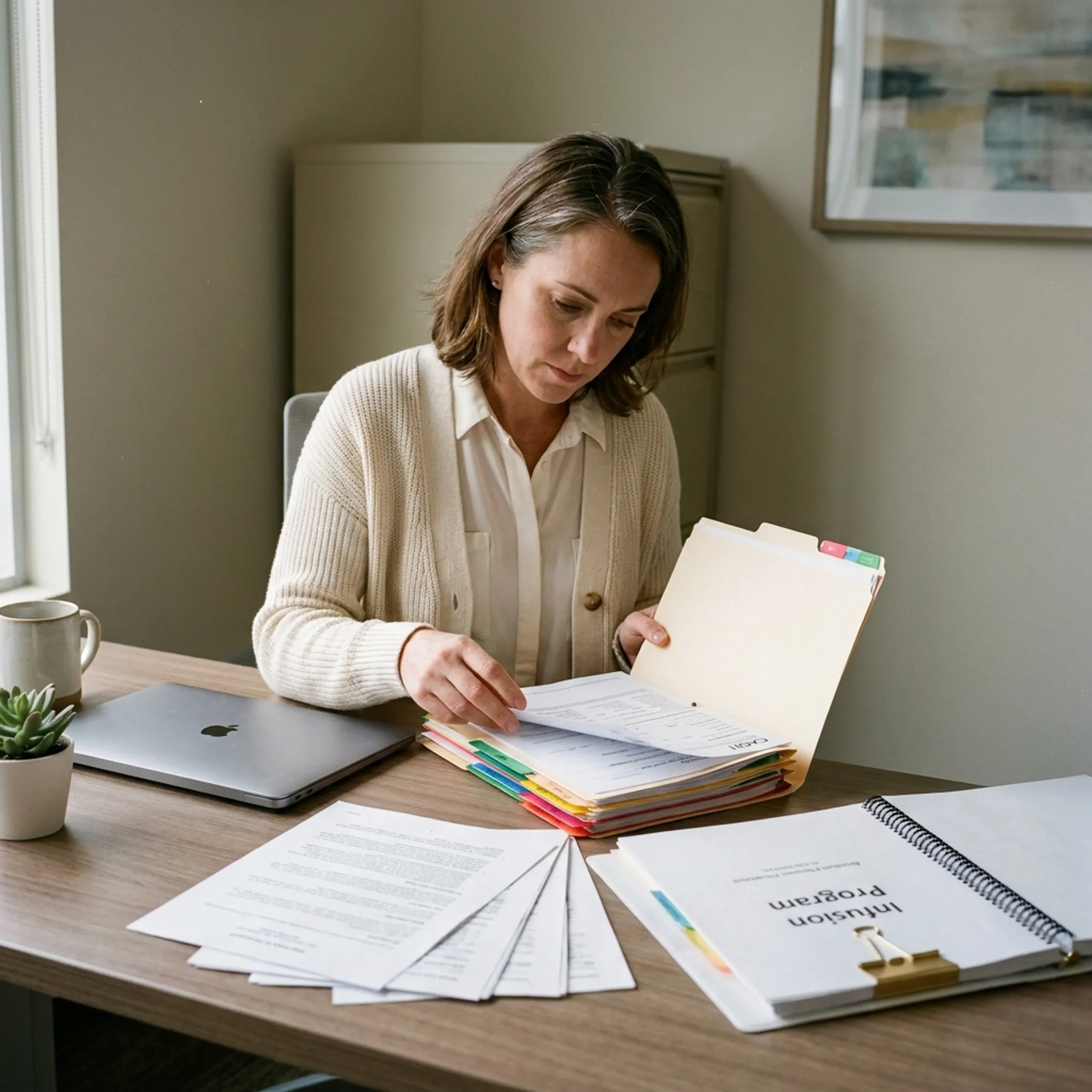 Practice administrator organizing payer credentialing records for an infectious disease practice