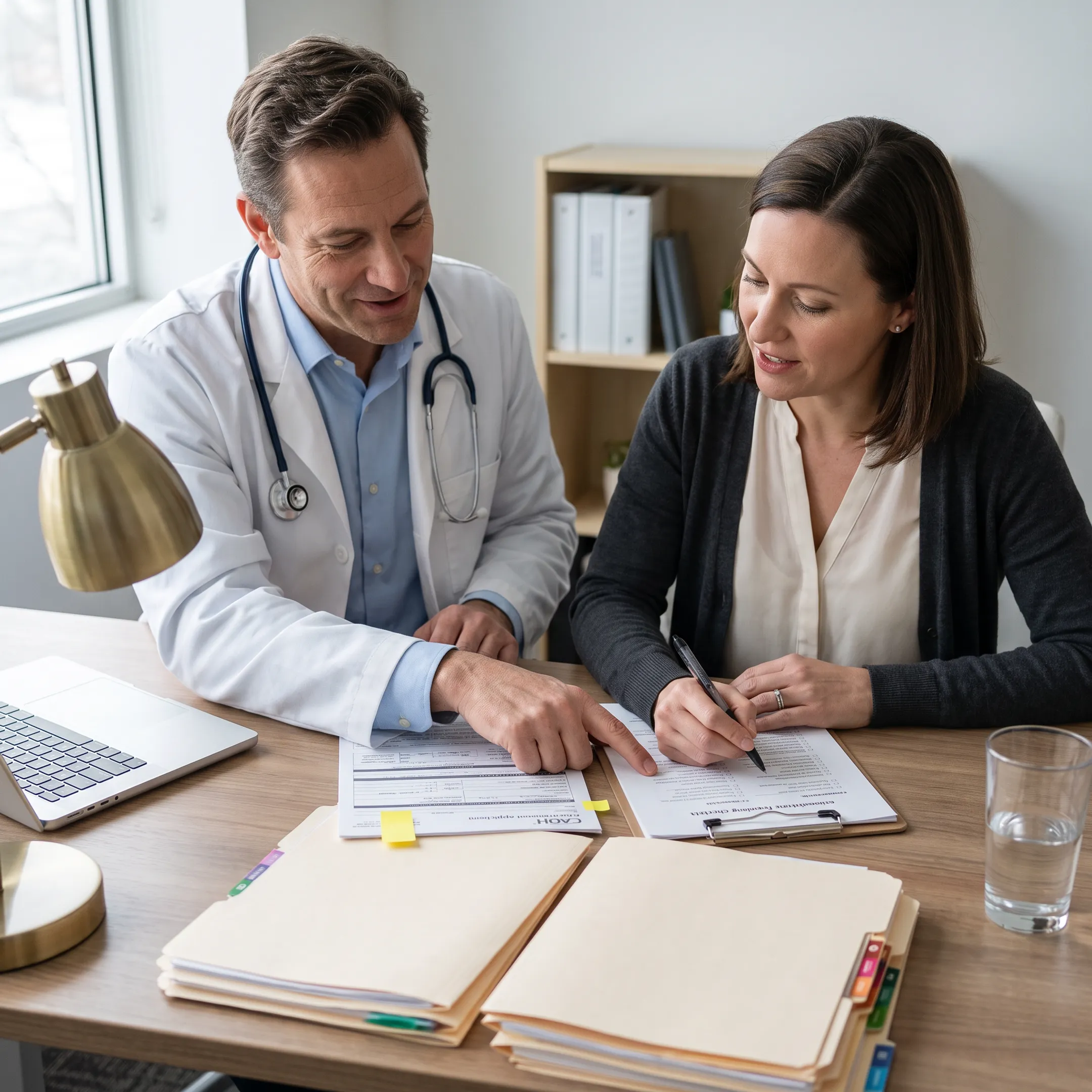 Infectious disease physician reviewing credentialing and payer enrollment documents