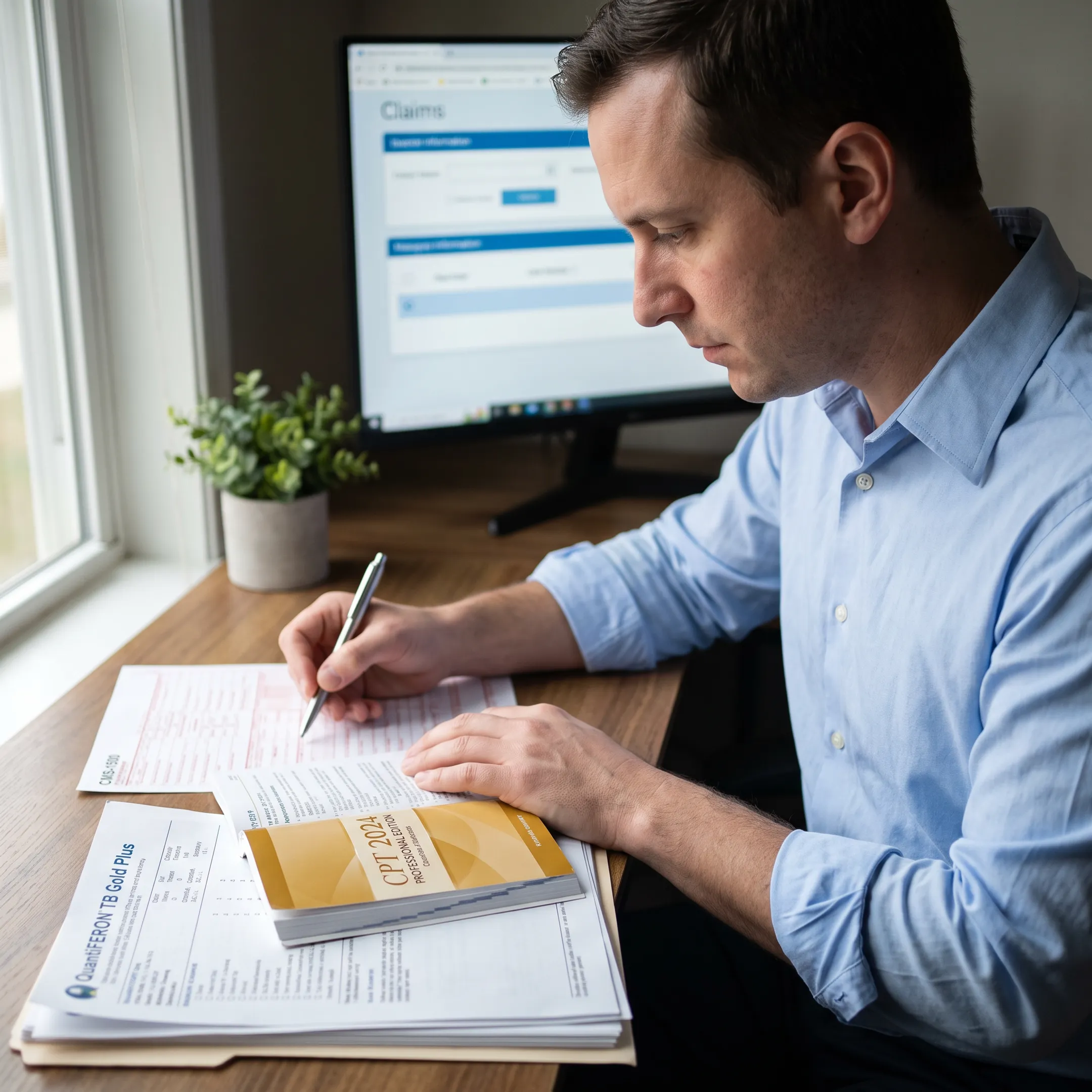 Infectious disease billing specialist reviewing QuantiFERON TB Gold Plus coding documentation