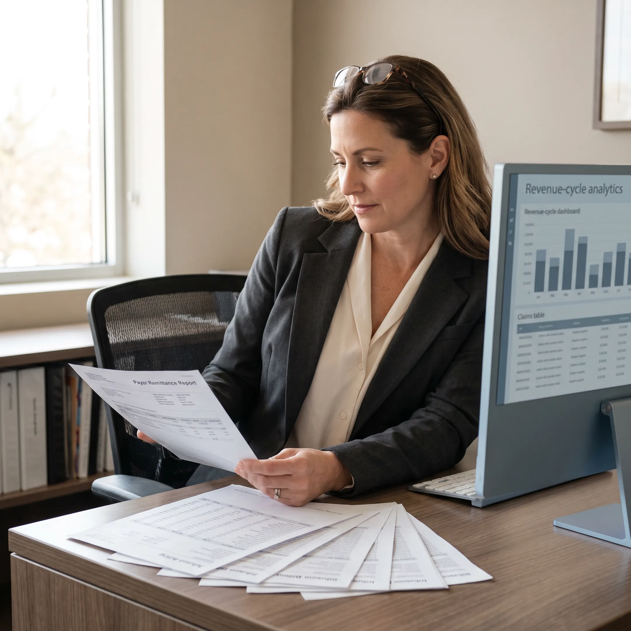 Infectious disease billing specialist reviewing claims and revenue reports for a medical practice