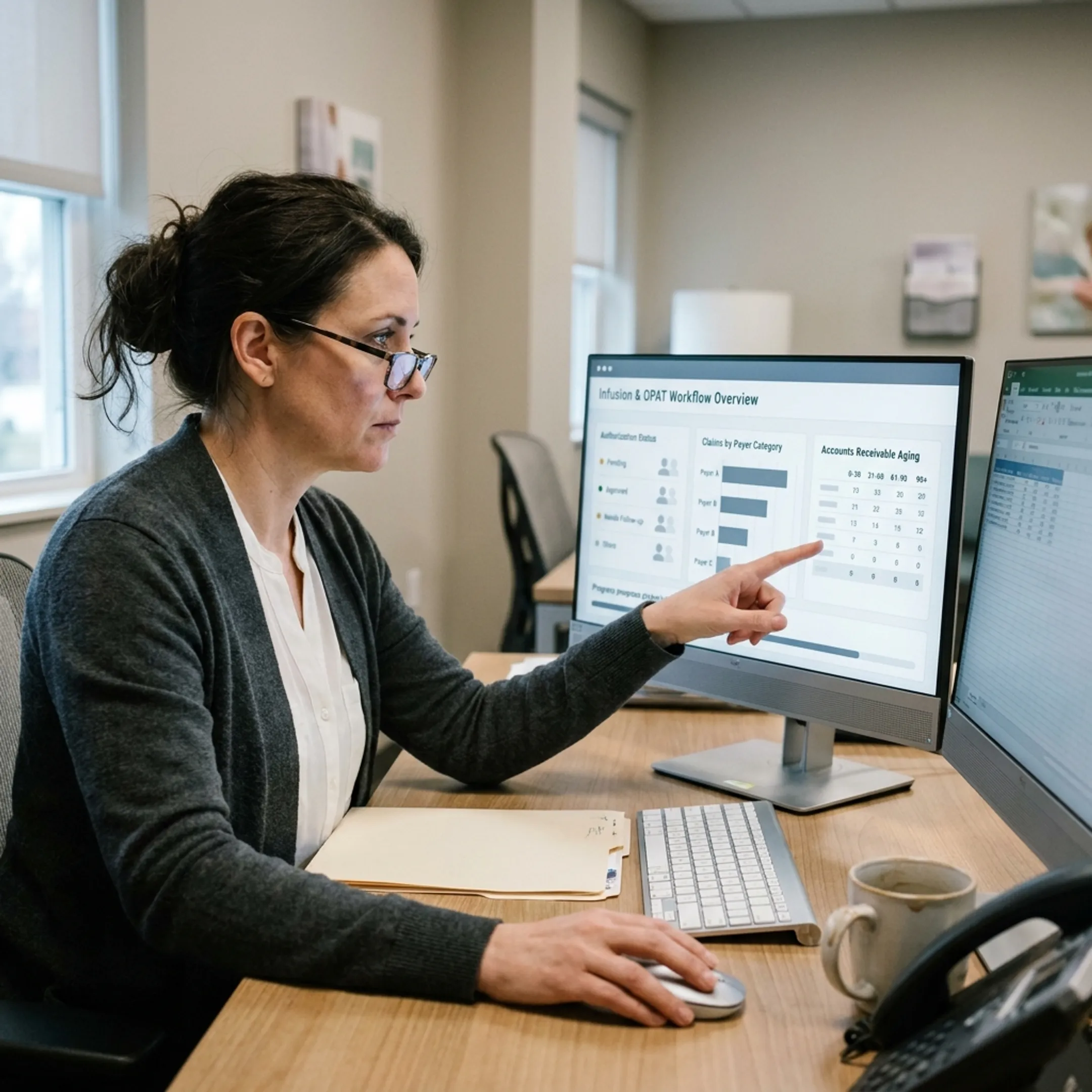 Practice administrator analyzing infectious disease infusion revenue-cycle information