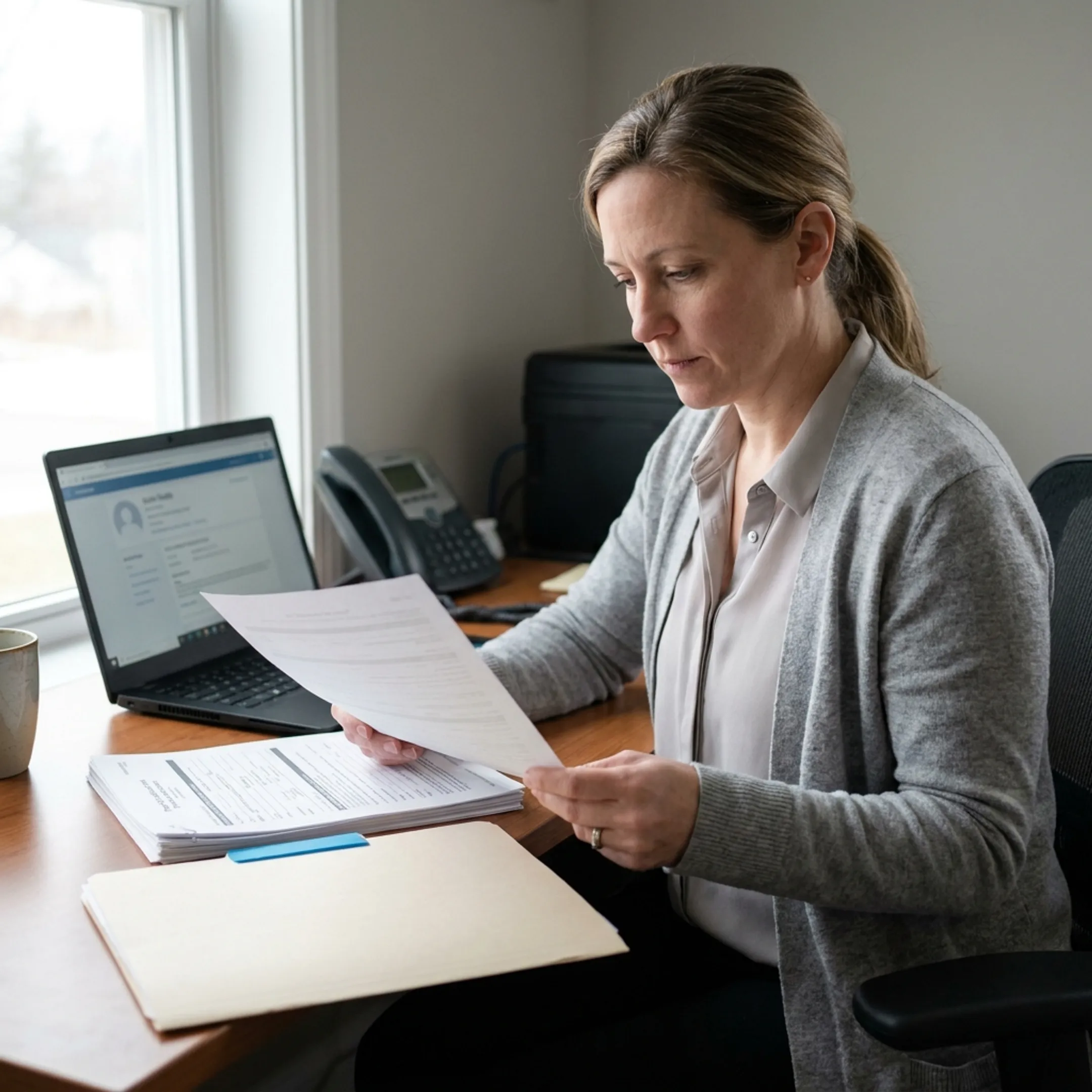 Credentialing specialist reviewing payer enrollment documents for an infectious disease practice