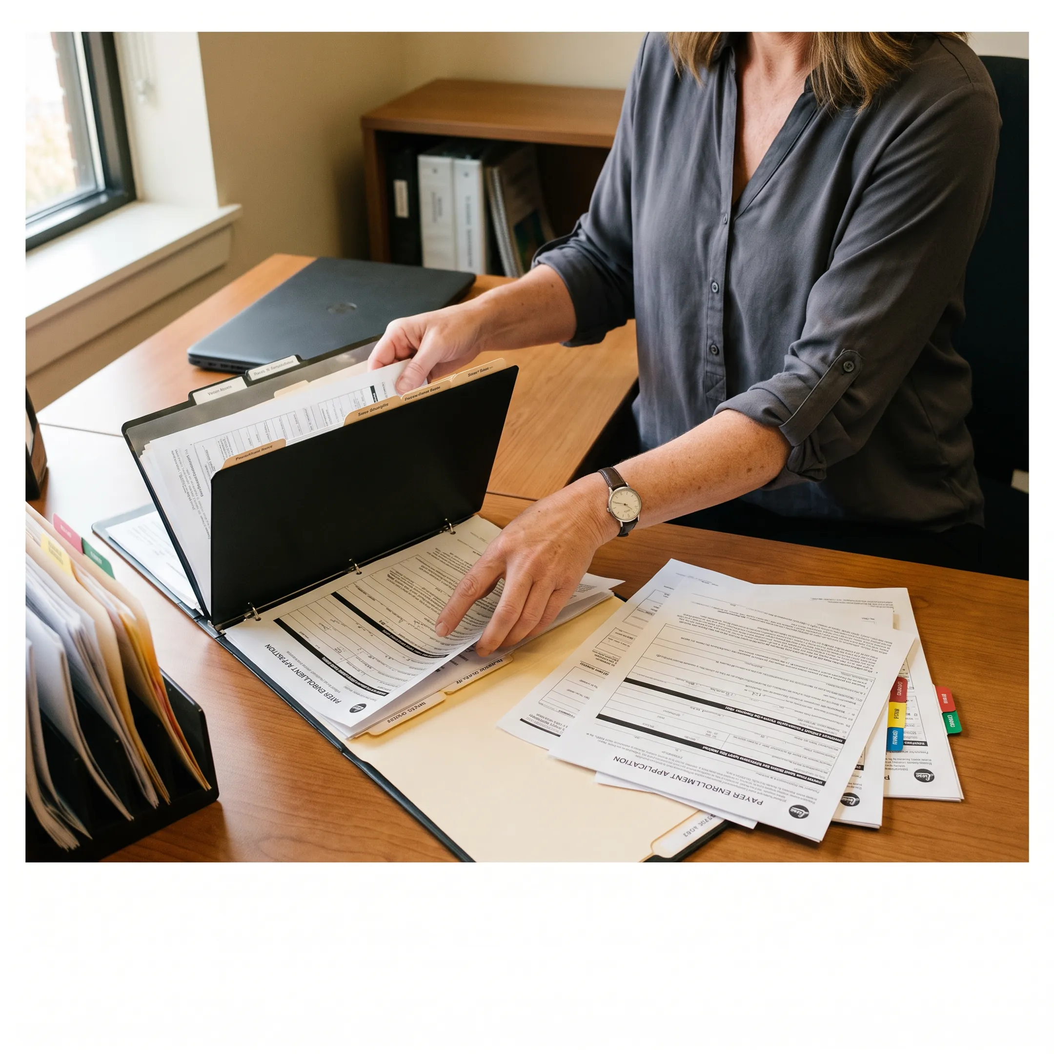 Healthcare administrator organizing provider credentialing and payer enrollment records