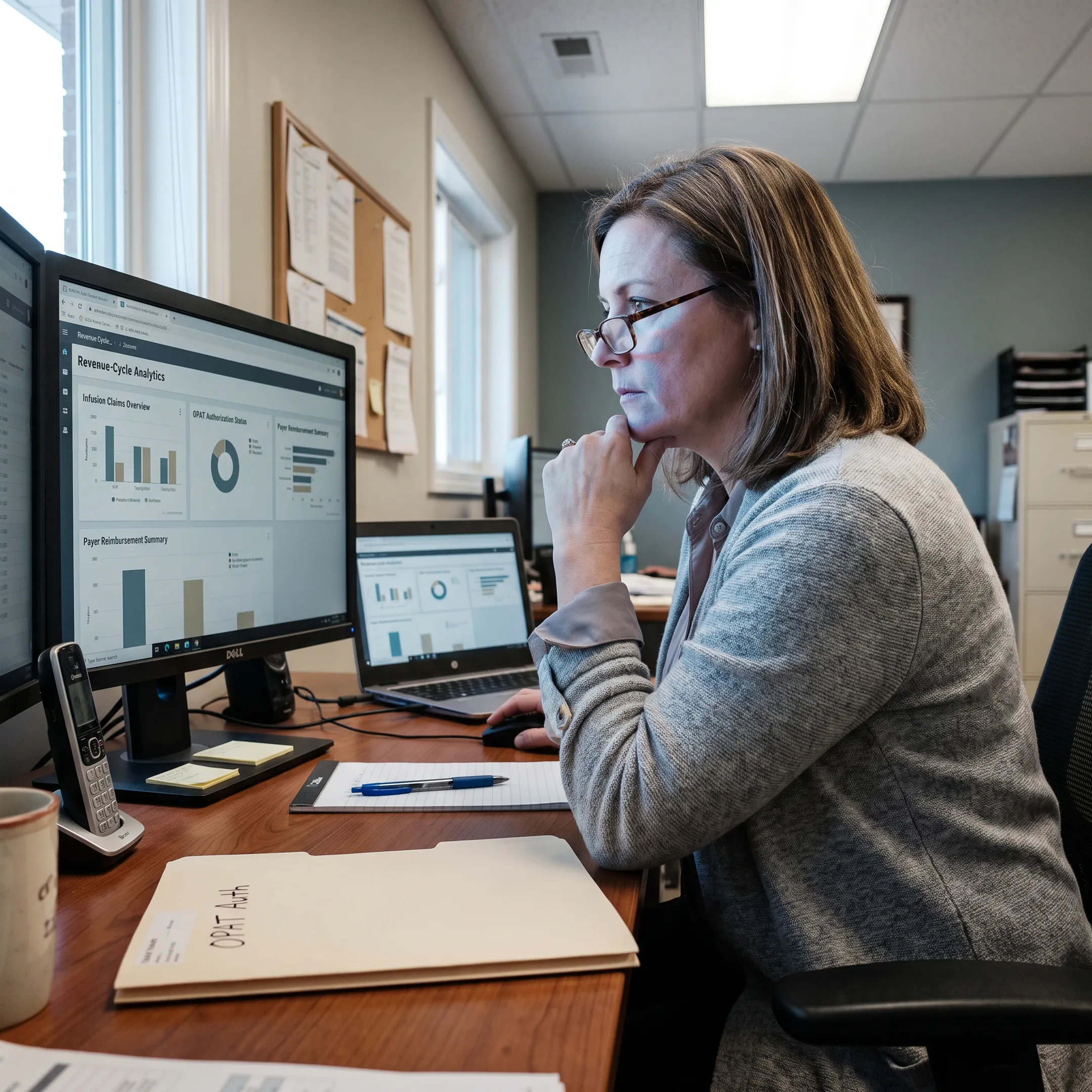Infectious disease practice manager analyzing billing and infusion revenue cycle data