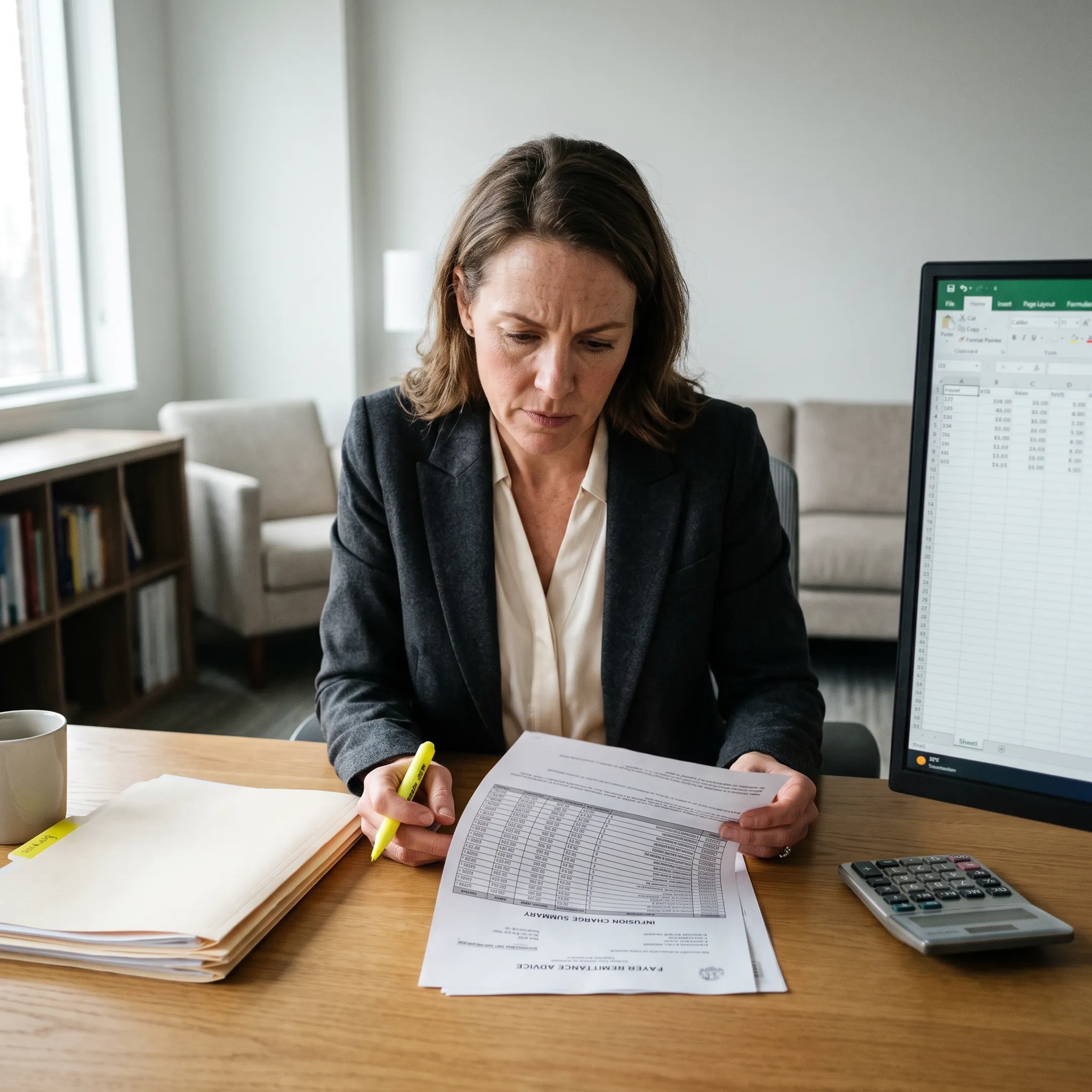 Medical billing specialist reviewing infectious disease claims and infusion reimbursement reports