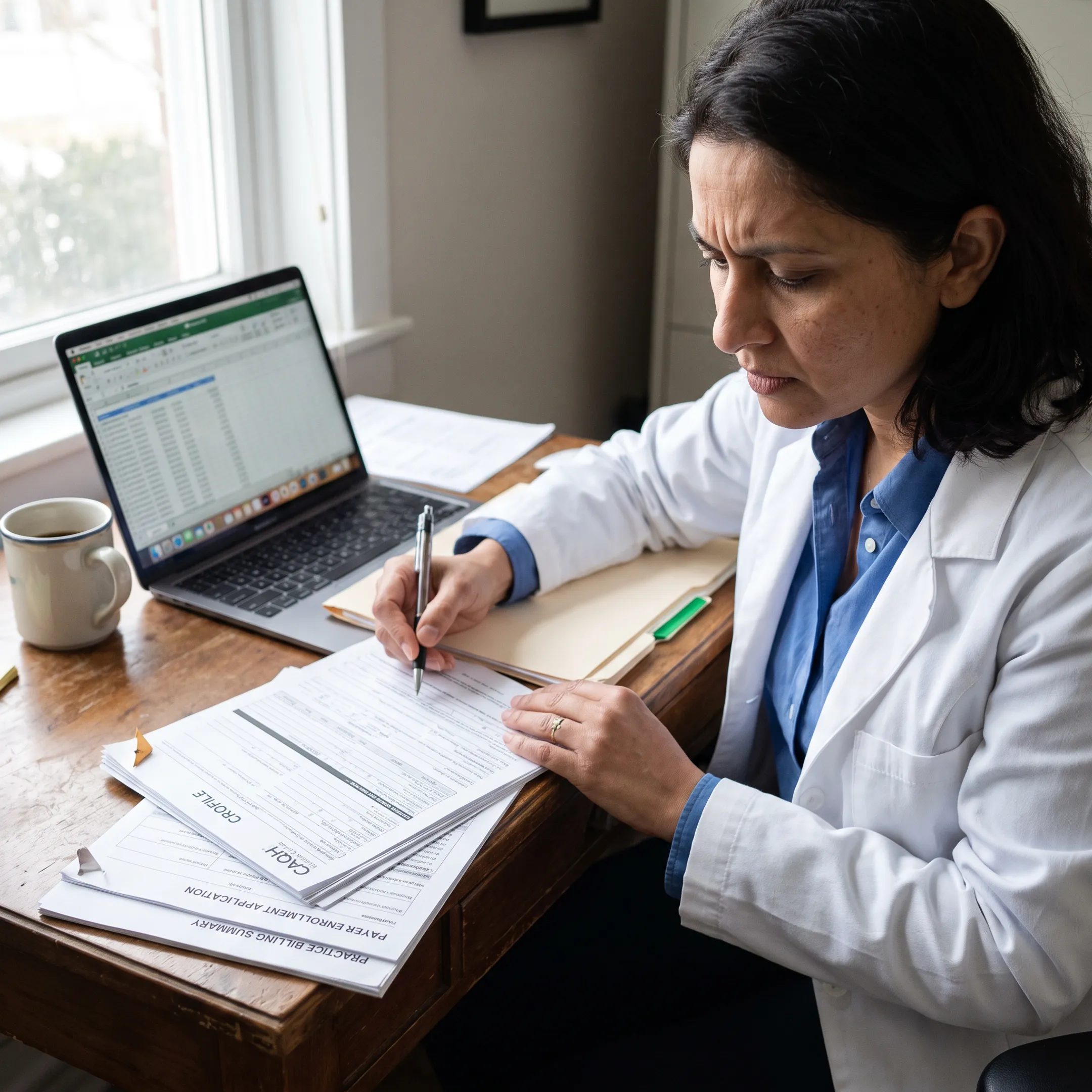 Infectious disease physician reviewing payer credentialing documents and enrollment information at a desk