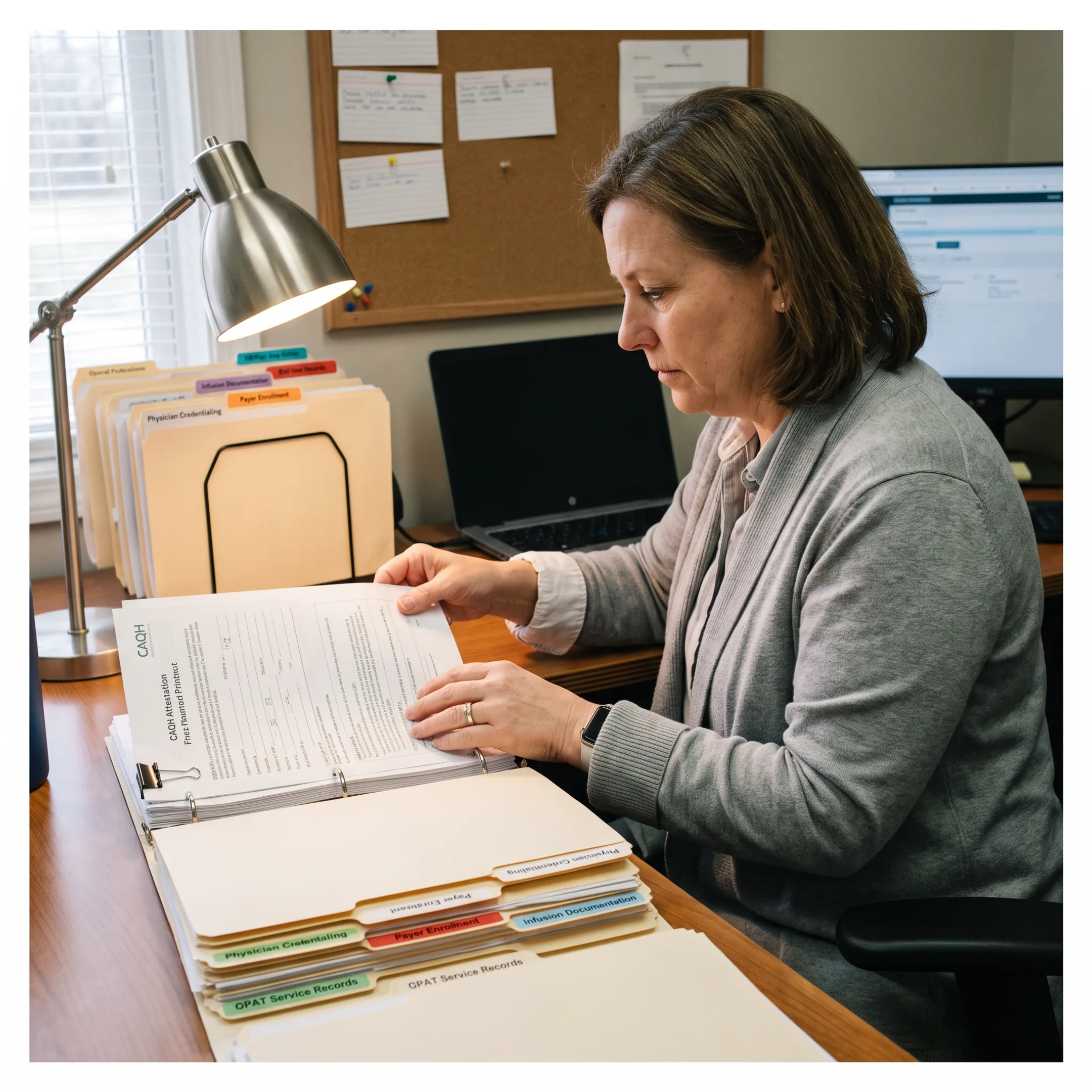 Practice administrator organizing physician credentialing and payer enrollment records