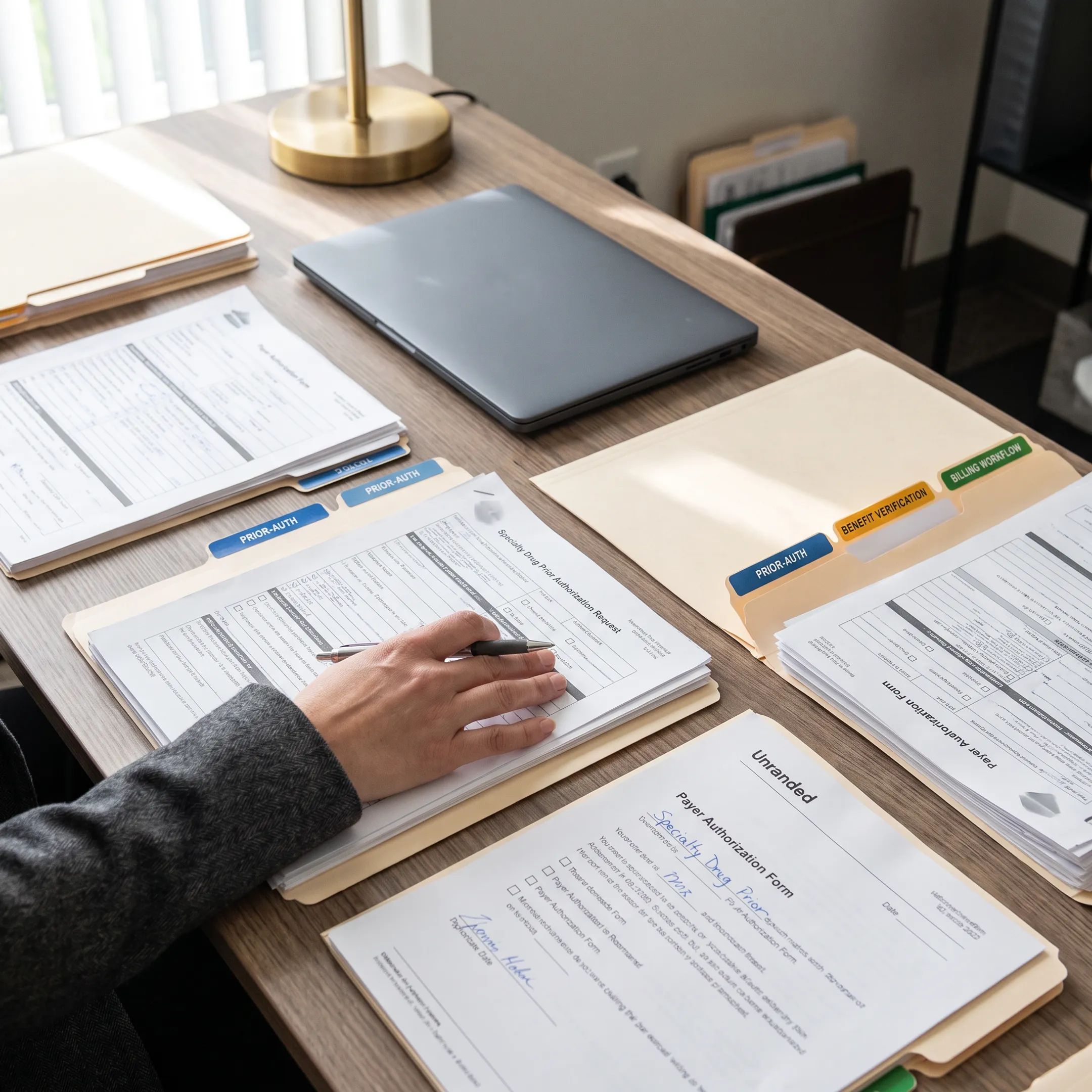 Specialty pharmacy and infusion authorization records organized for payer review