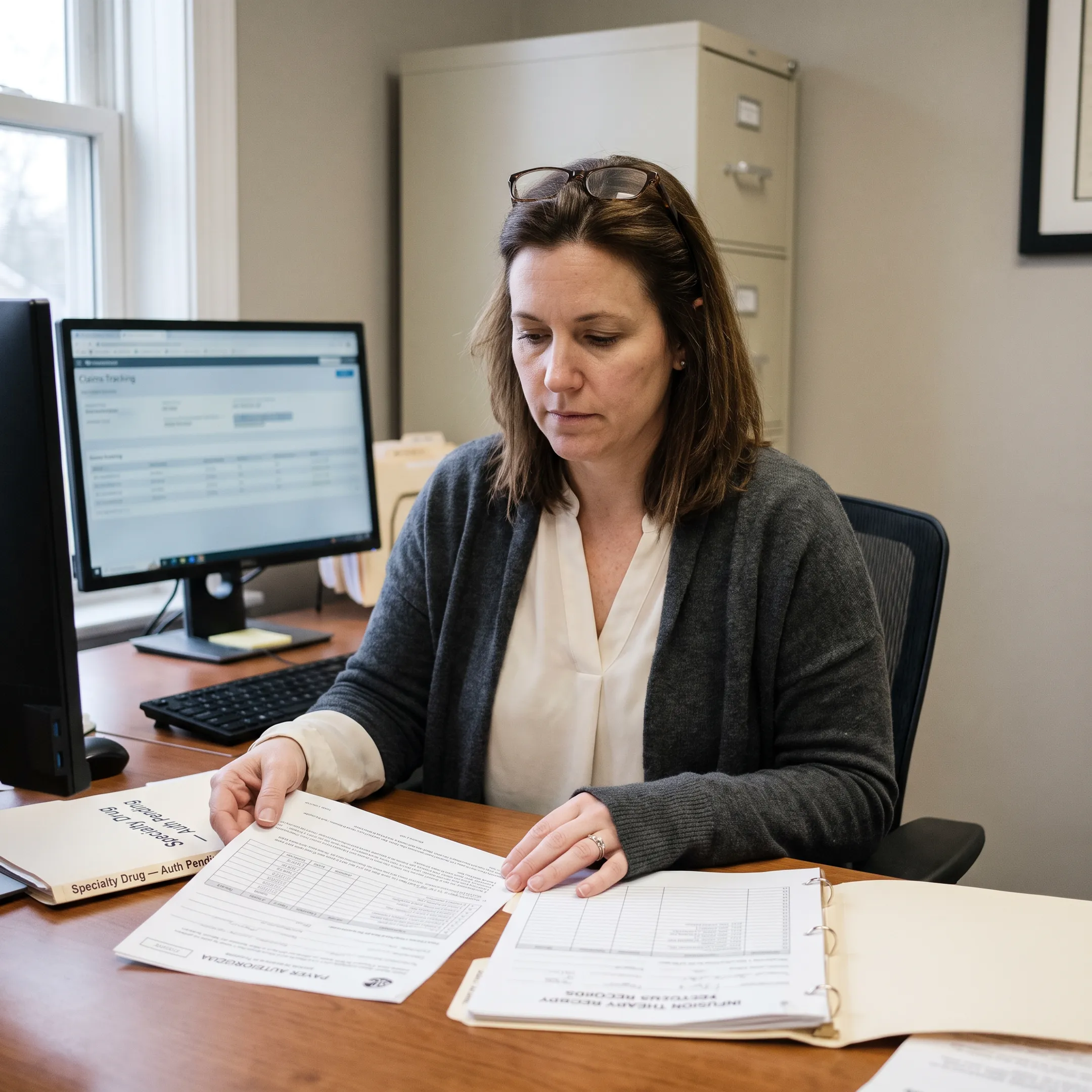 Medical billing specialist reviewing prior authorization documents for infectious disease infusion therapy