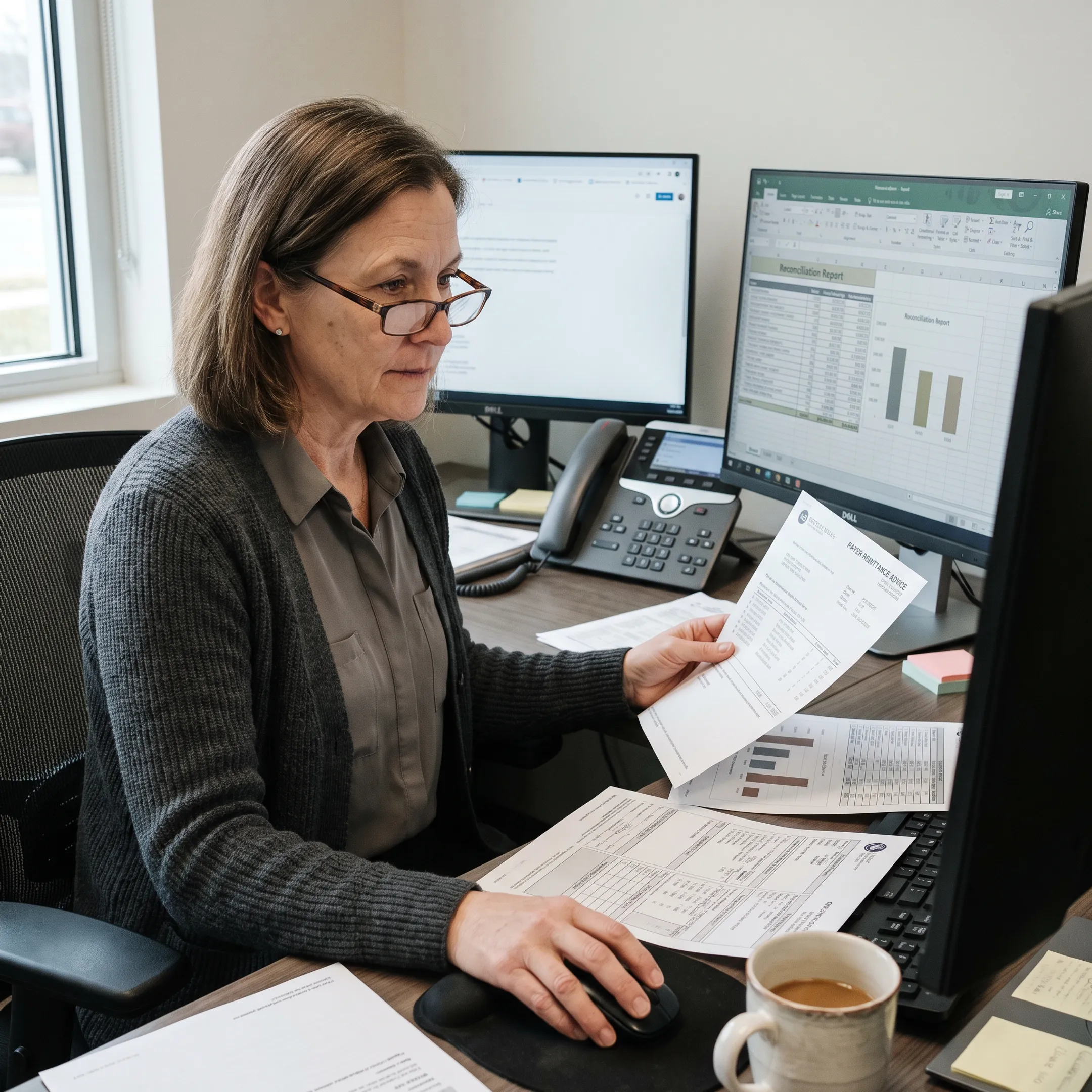 Specialist reviewing infectious disease medical billing payments and claim reconciliation on a computer