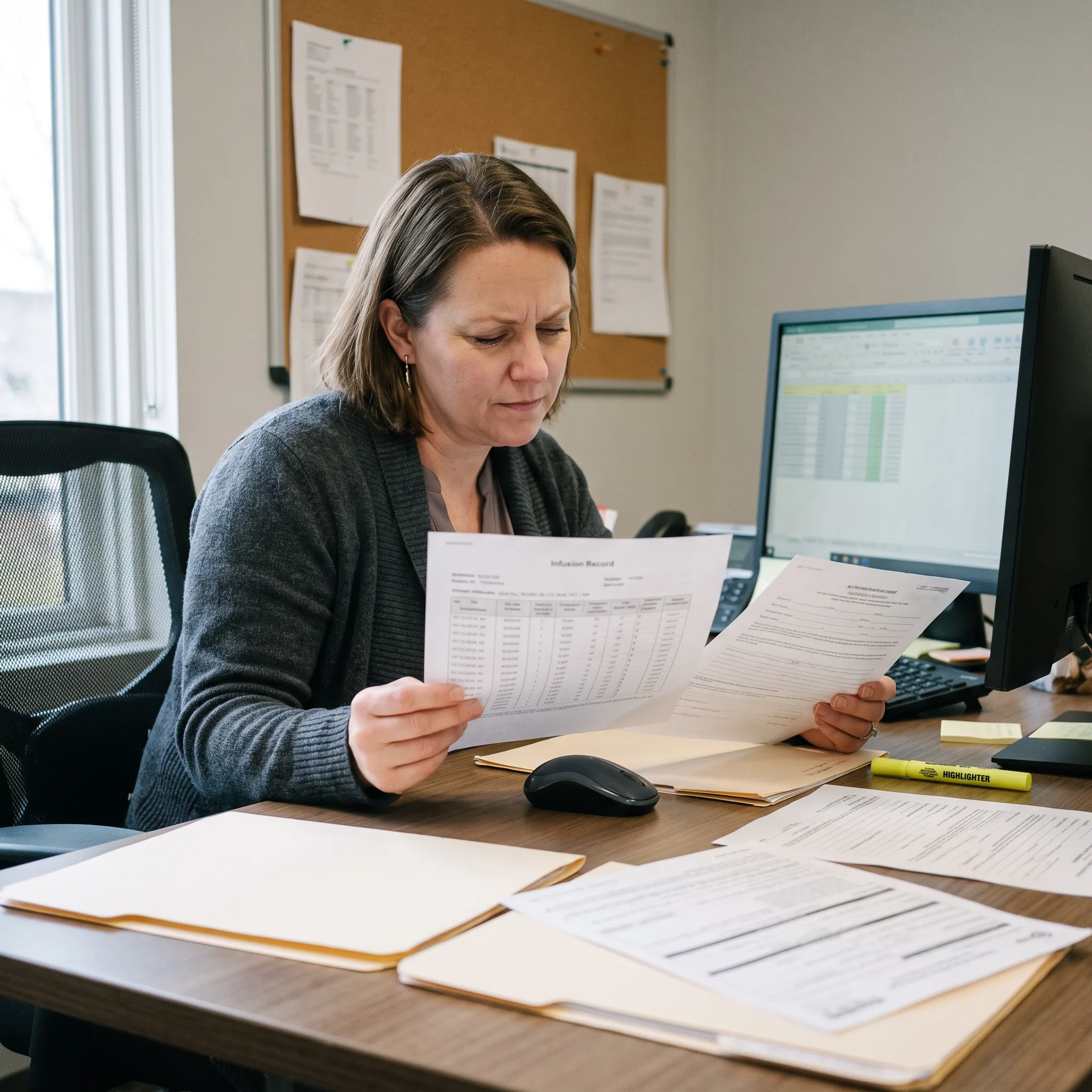 Medical billing specialist reviewing infectious disease claims and reimbursement records