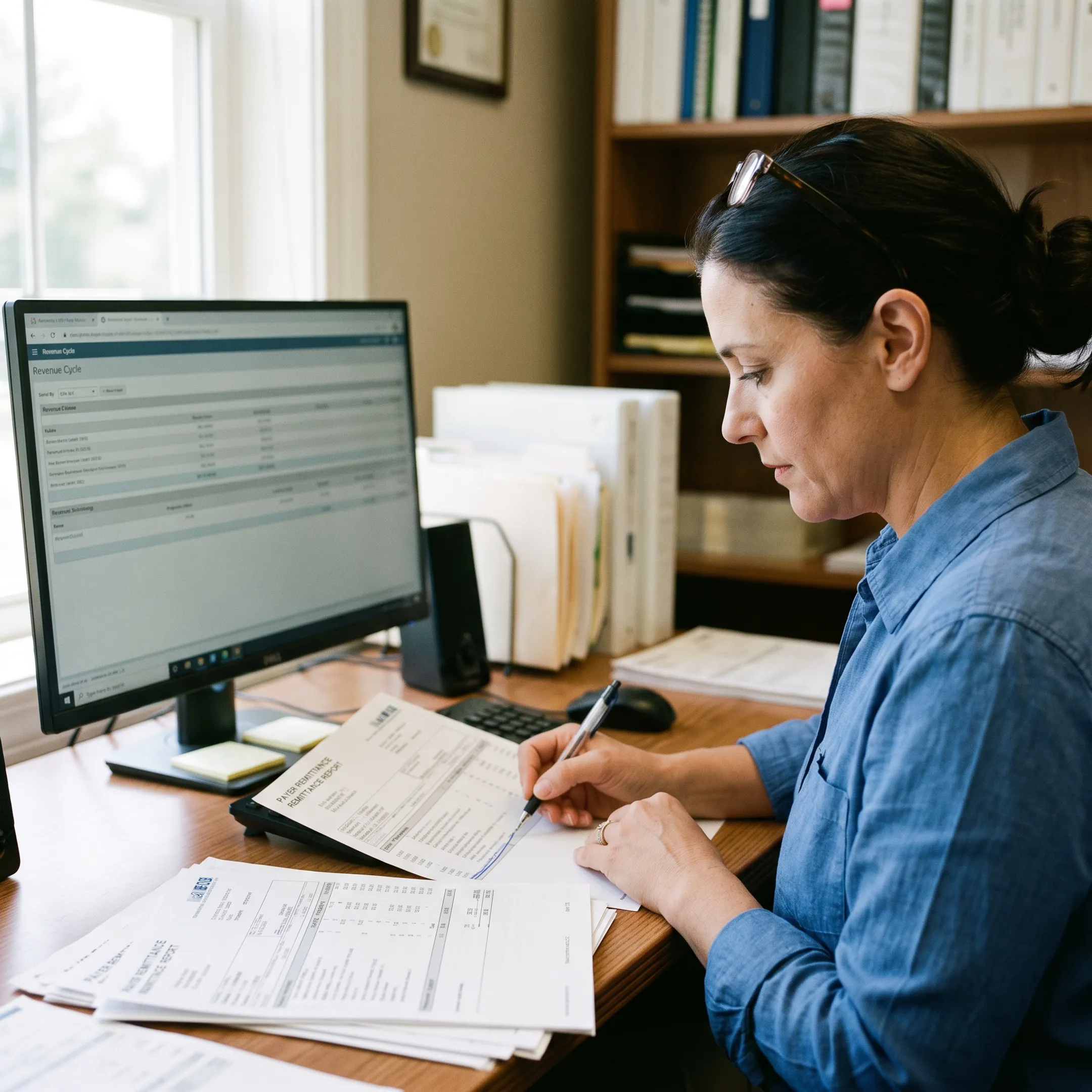 Medical billing specialist reviewing infectious disease practice claims and revenue reports