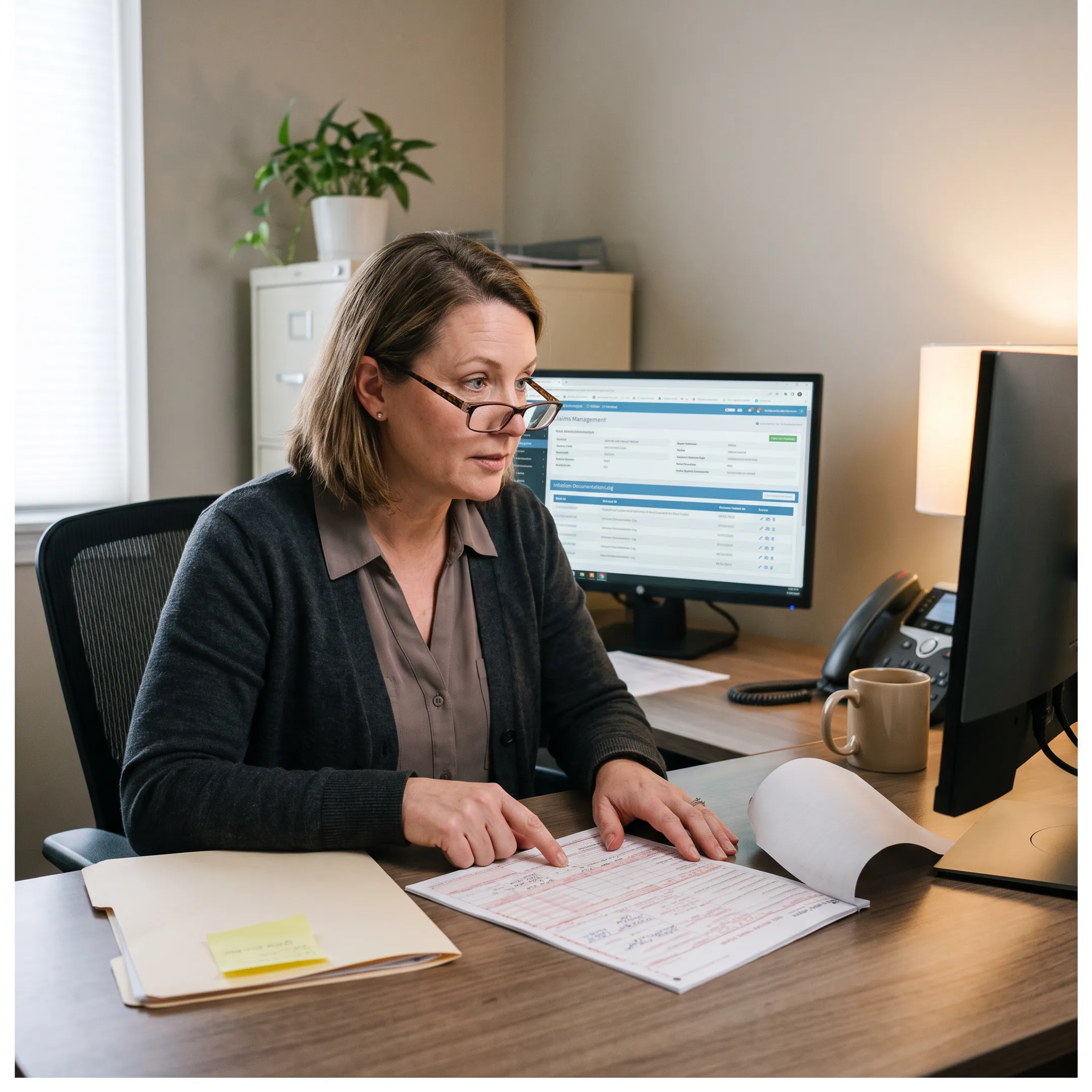 Billing specialist reviewing Dalvance drug claim documents for an infectious disease practice