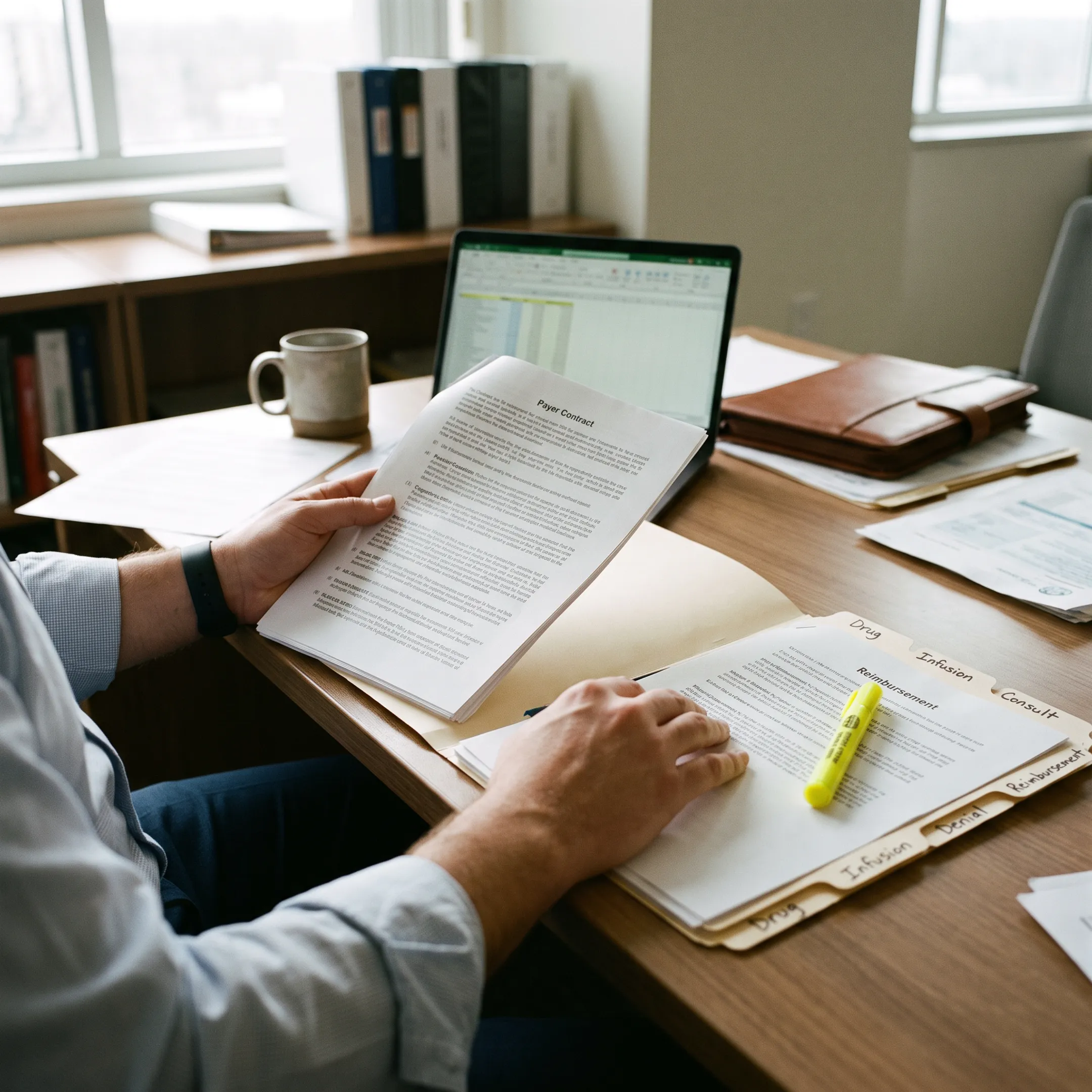 Analyst comparing infectious disease payer contract terms with reimbursement and claims data