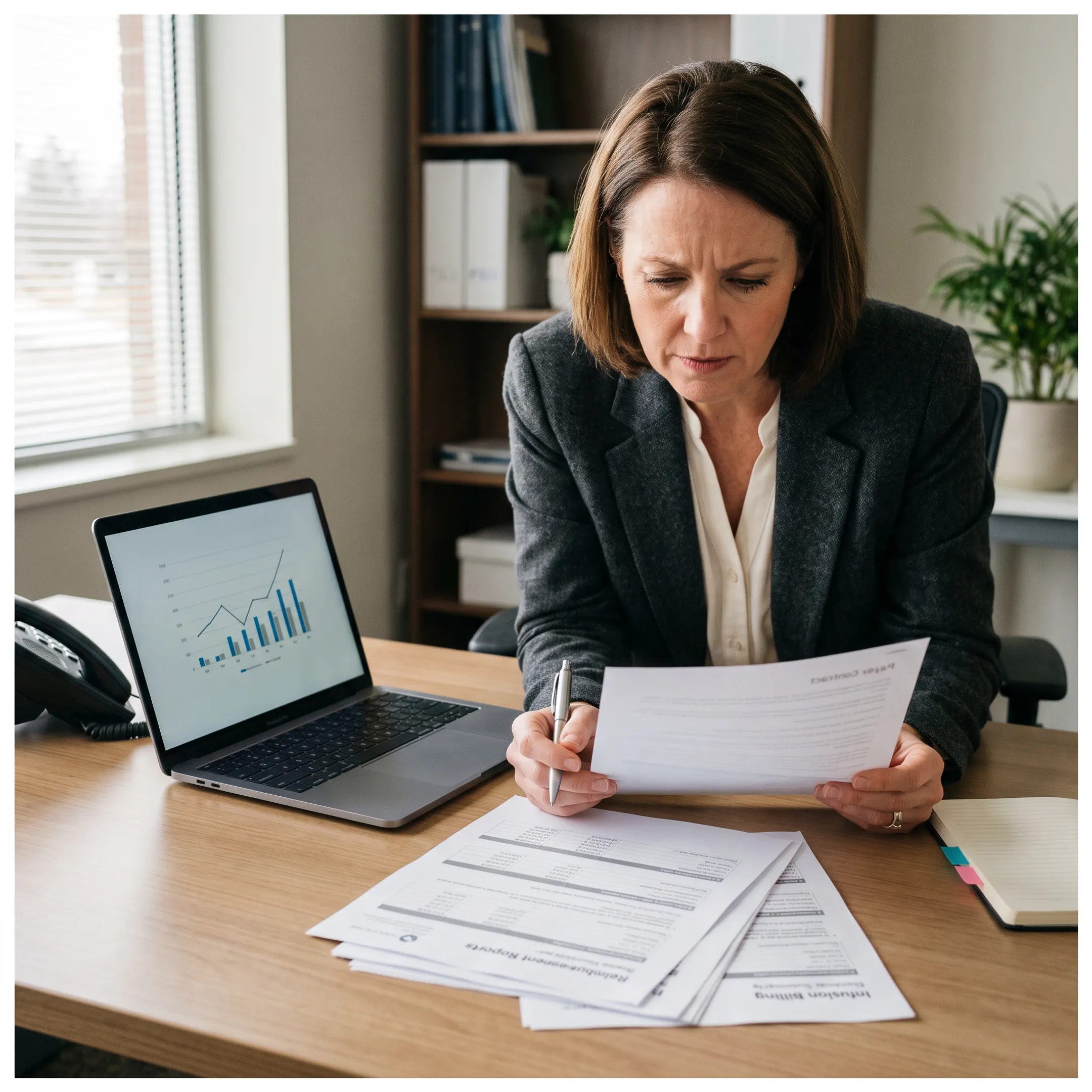 Infectious disease practice administrator reviewing payer contract data and reimbursement reports
