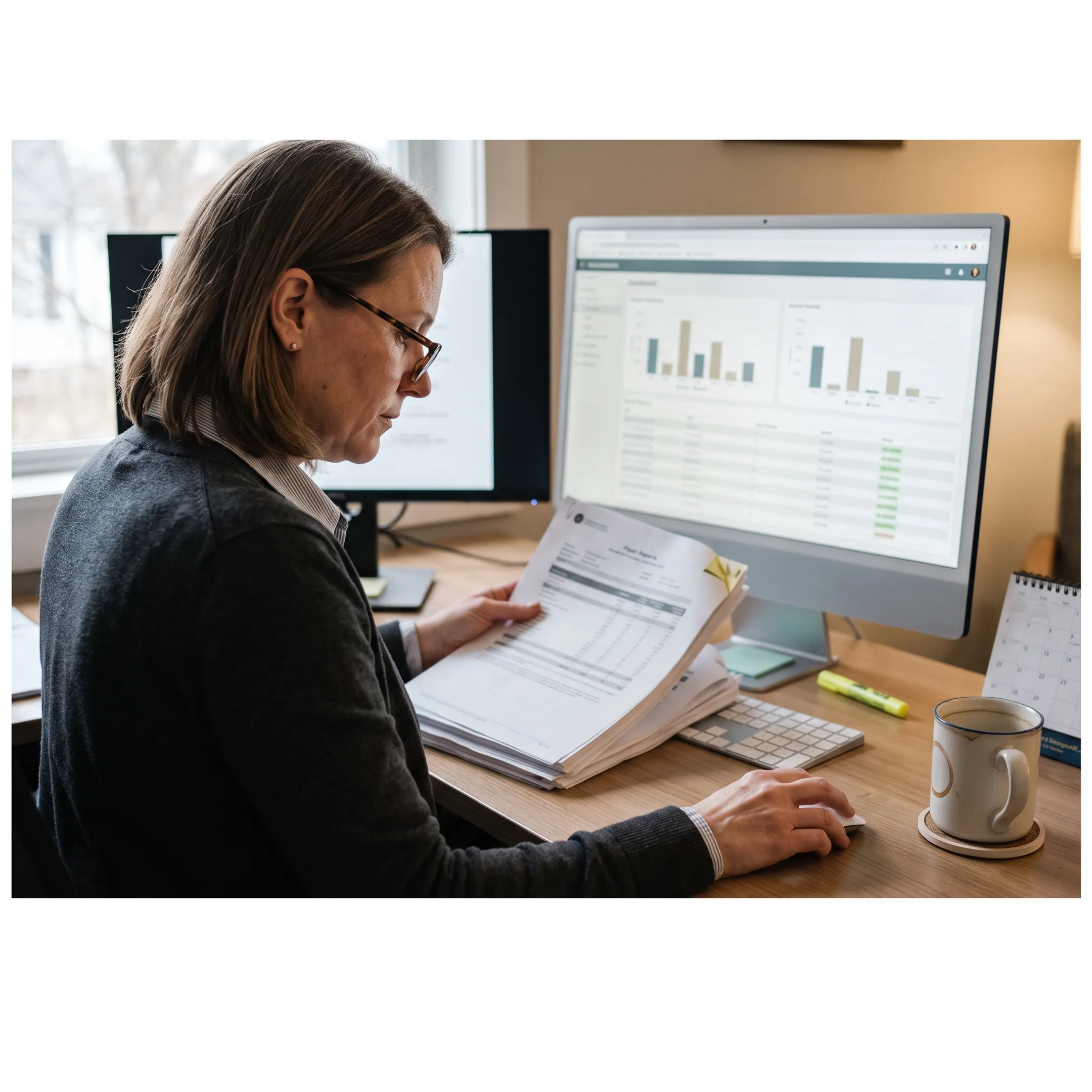 Medical billing specialist reviewing infectious disease practice claims and revenue-cycle reports