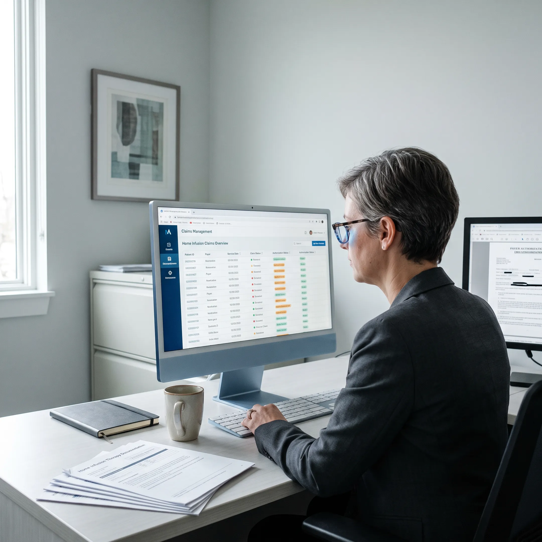 Healthcare professional reviewing home infusion therapy billing information for an infectious disease patient