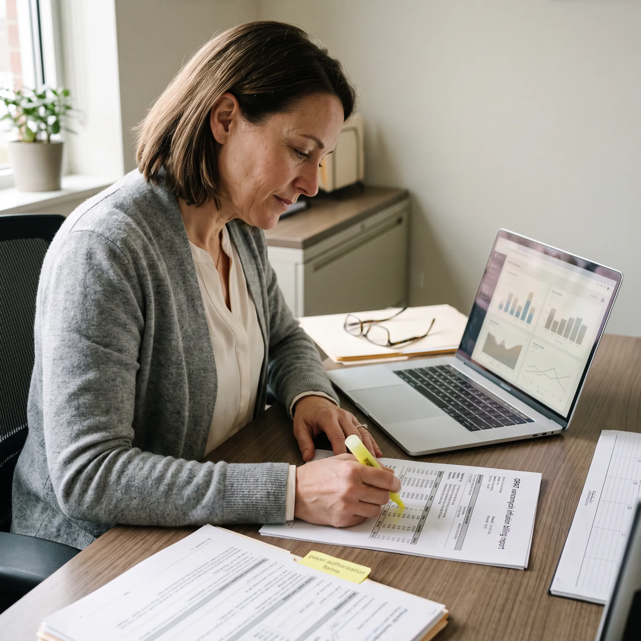 Infectious disease administrator reviewing OPAT vancomycin billing workflow on a computer