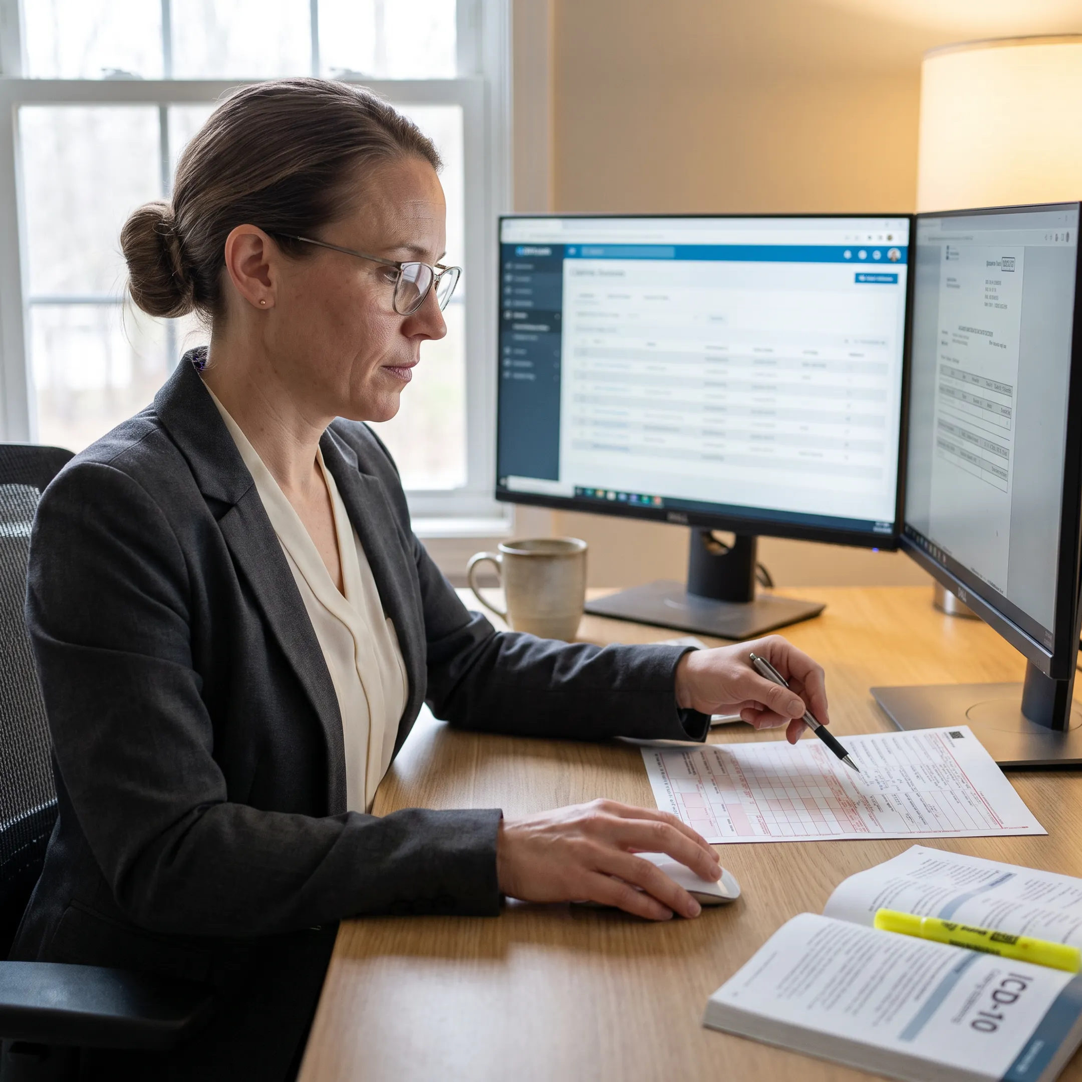 Medical billing specialist reviewing an infectious disease claim with ICD-10 coding information on screen