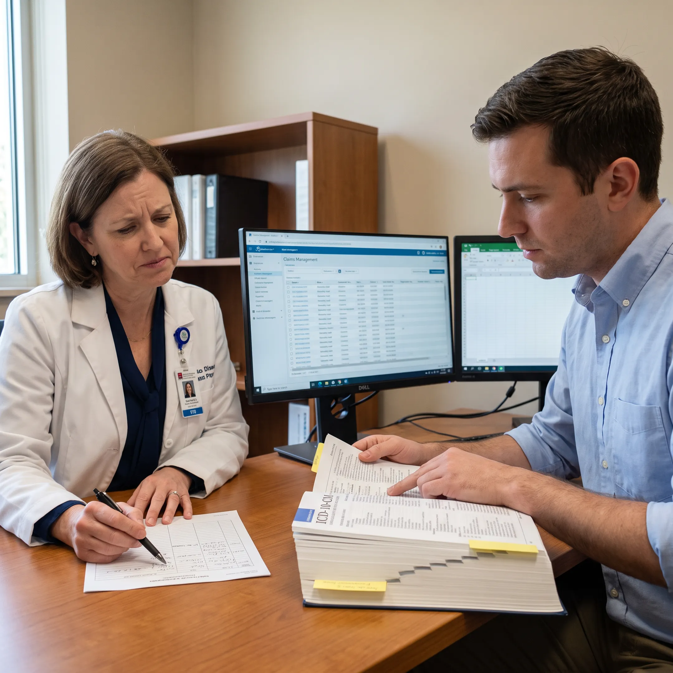 Infectious disease physician and medical coder reviewing sepsis documentation and coding references