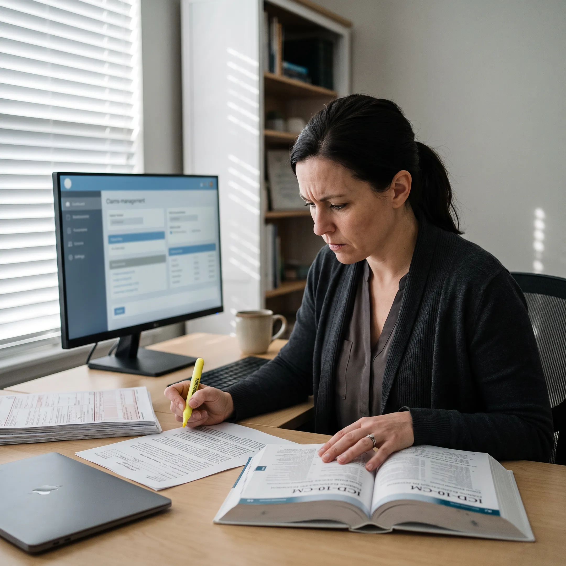 Medical coder reviewing infectious disease documentation and ICD-10 coding guidance on a computer