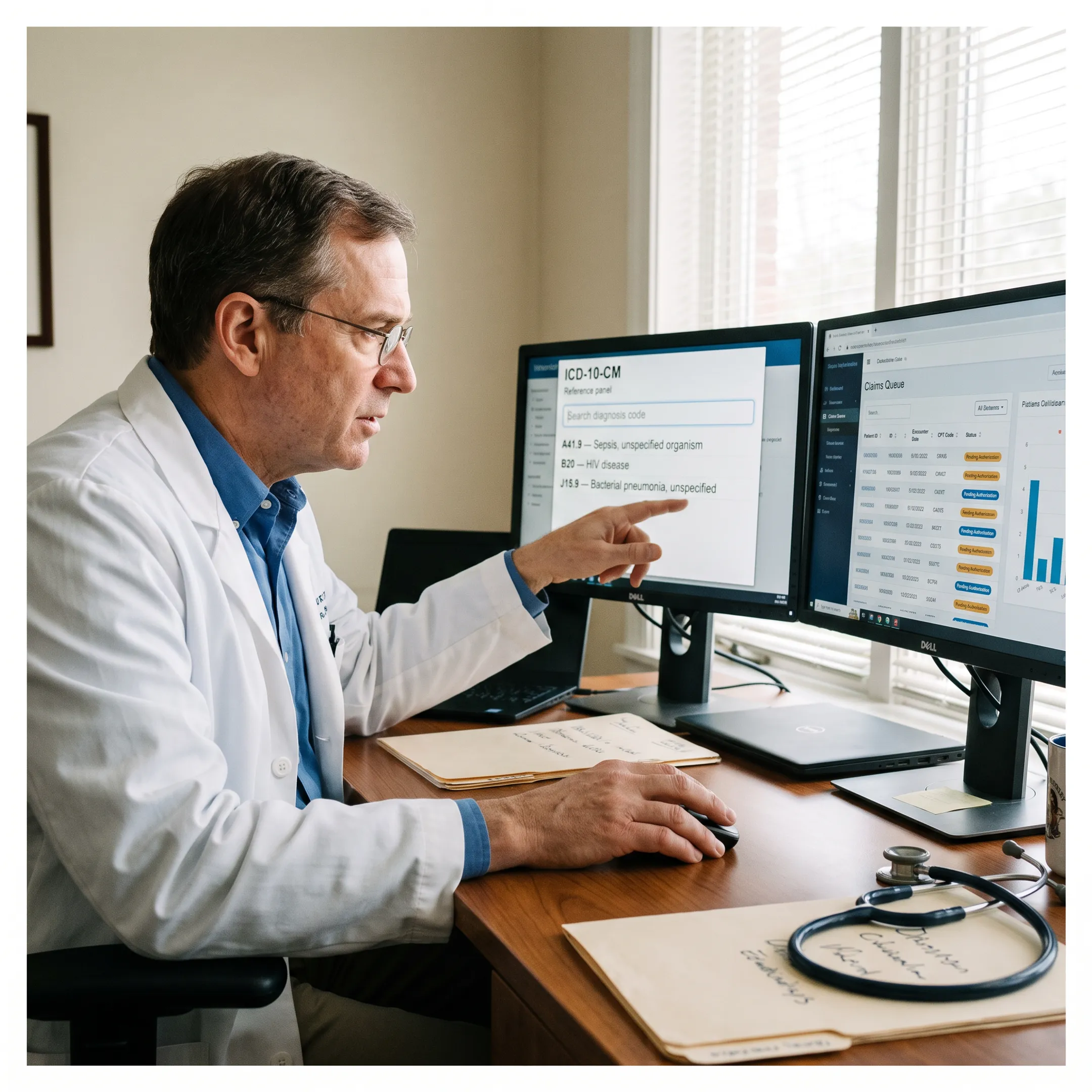 Infectious disease physician reviewing ICD-10-CM coding and billing documentation at a workstation