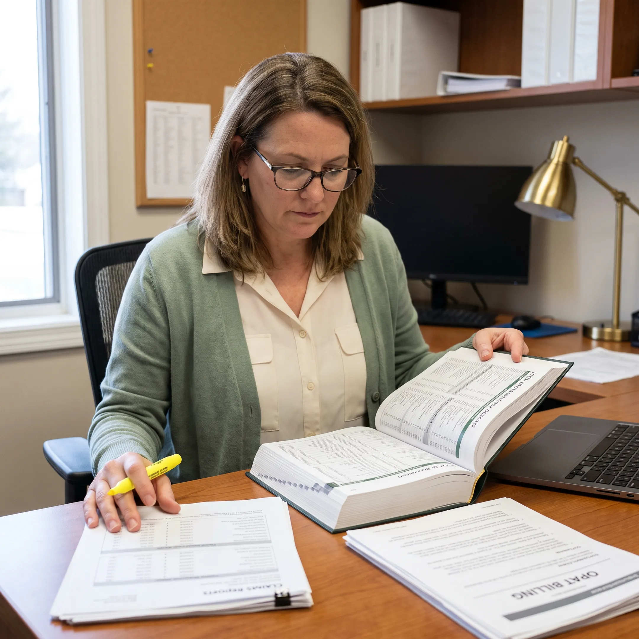 Medical practice administrator reviewing infectious disease coding and revenue-cycle materials