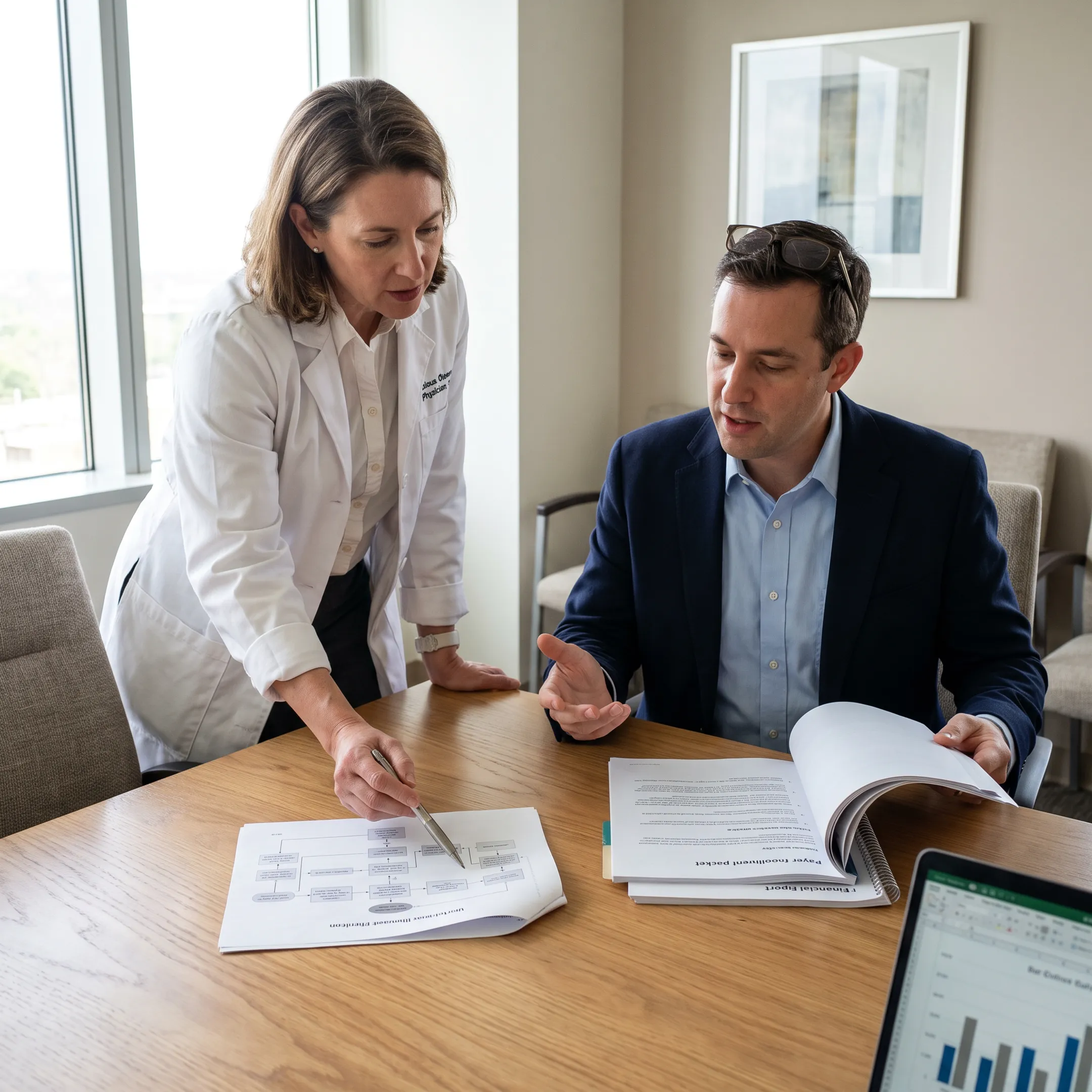 Infectious disease physician reviewing startup and revenue cycle planning with consultant