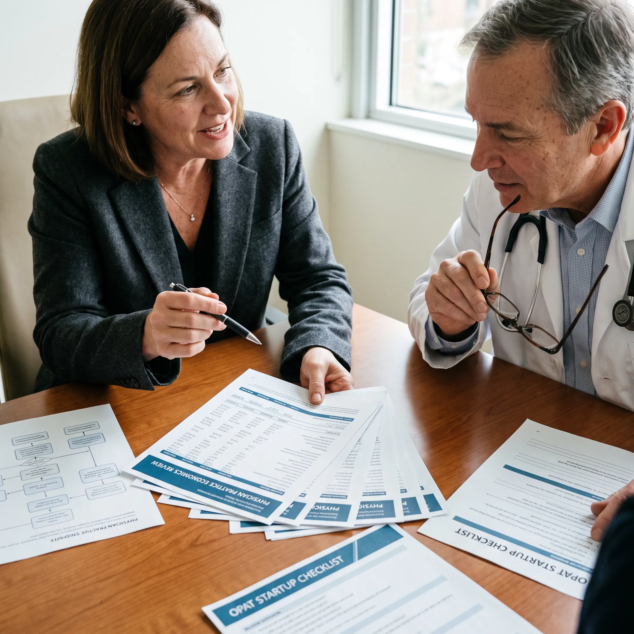 Consultant reviewing infectious disease practice startup finances and revenue cycle workflows
