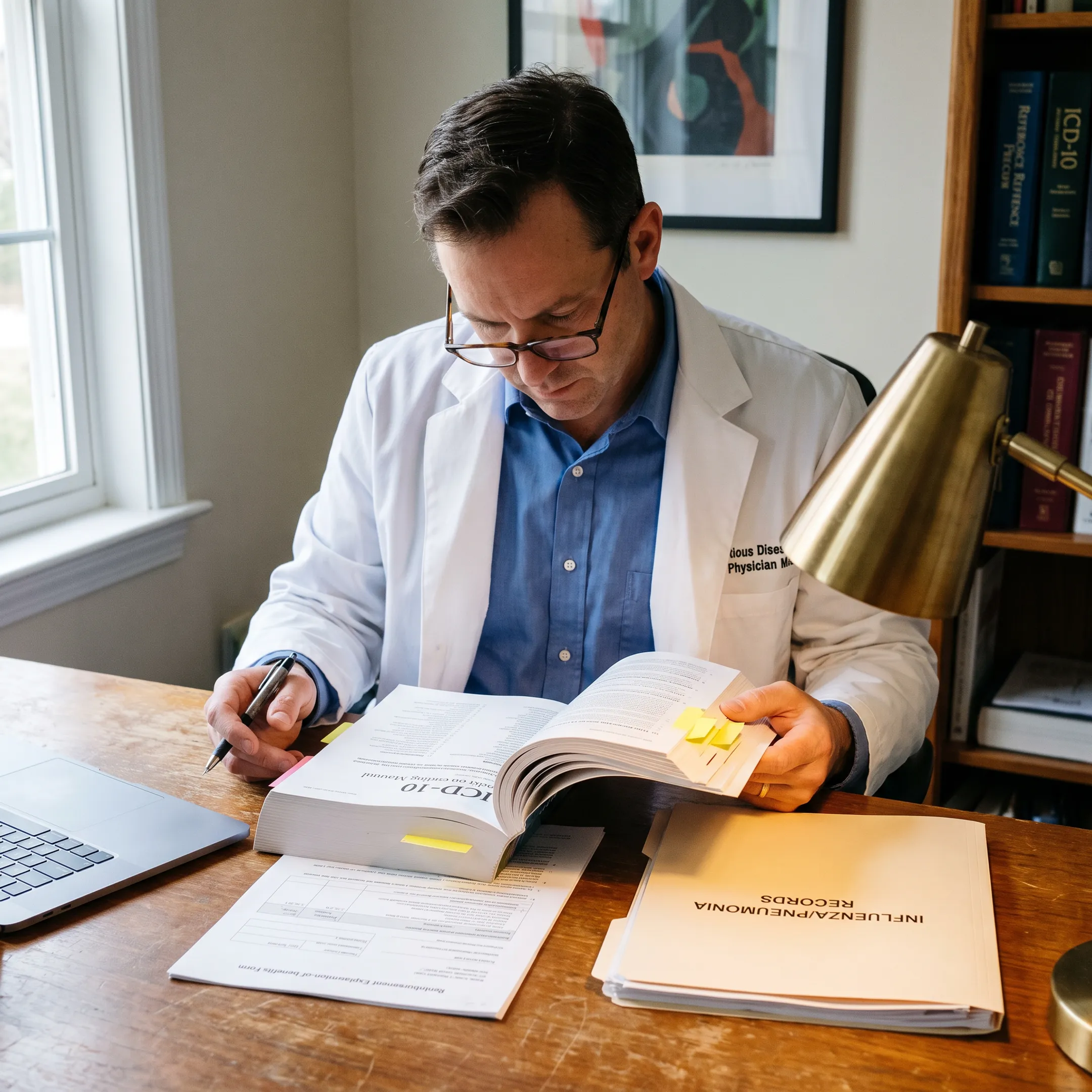 Infectious disease physician reviewing influenza and pneumonia coding records