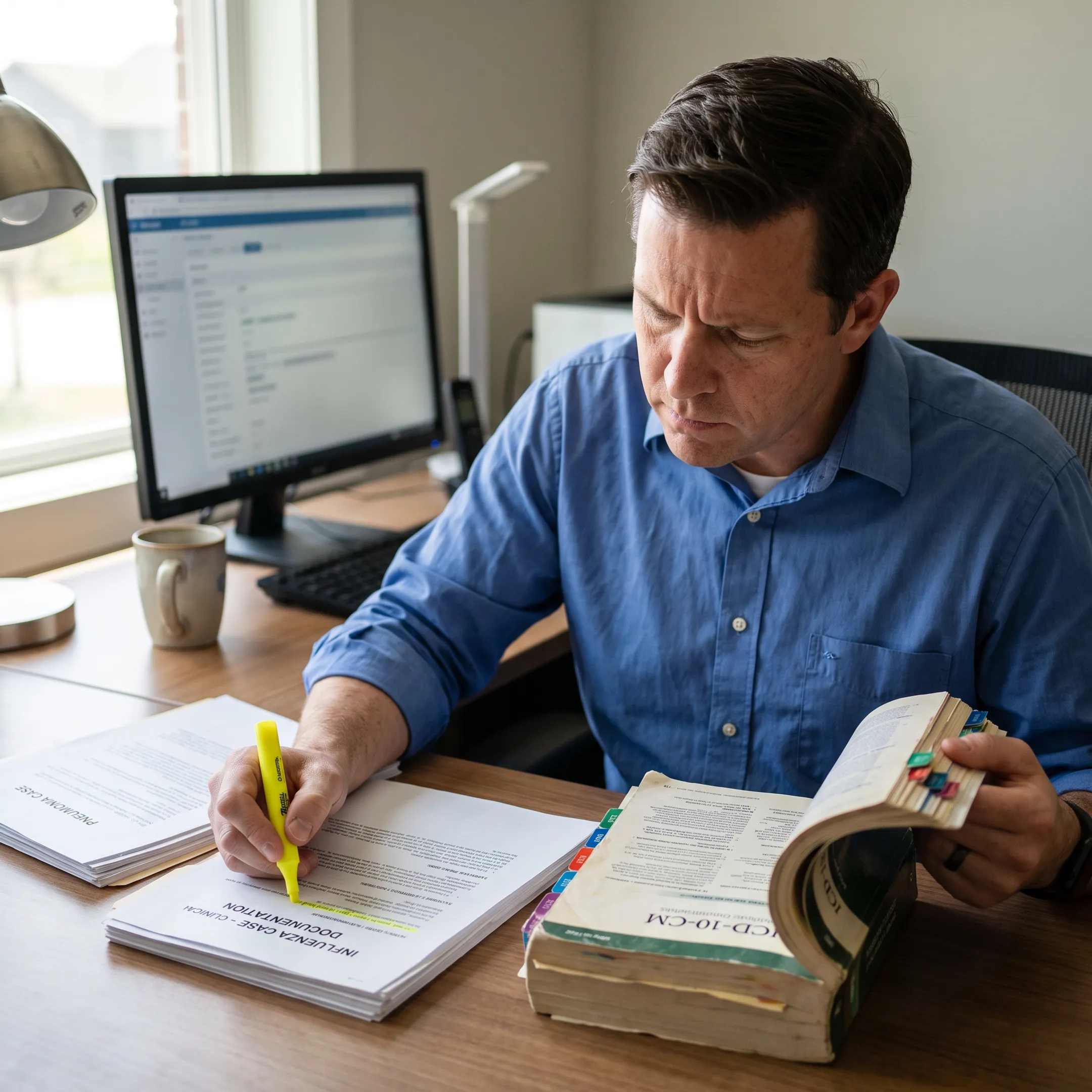 Coder comparing infectious disease documentation with ICD-10-CM references