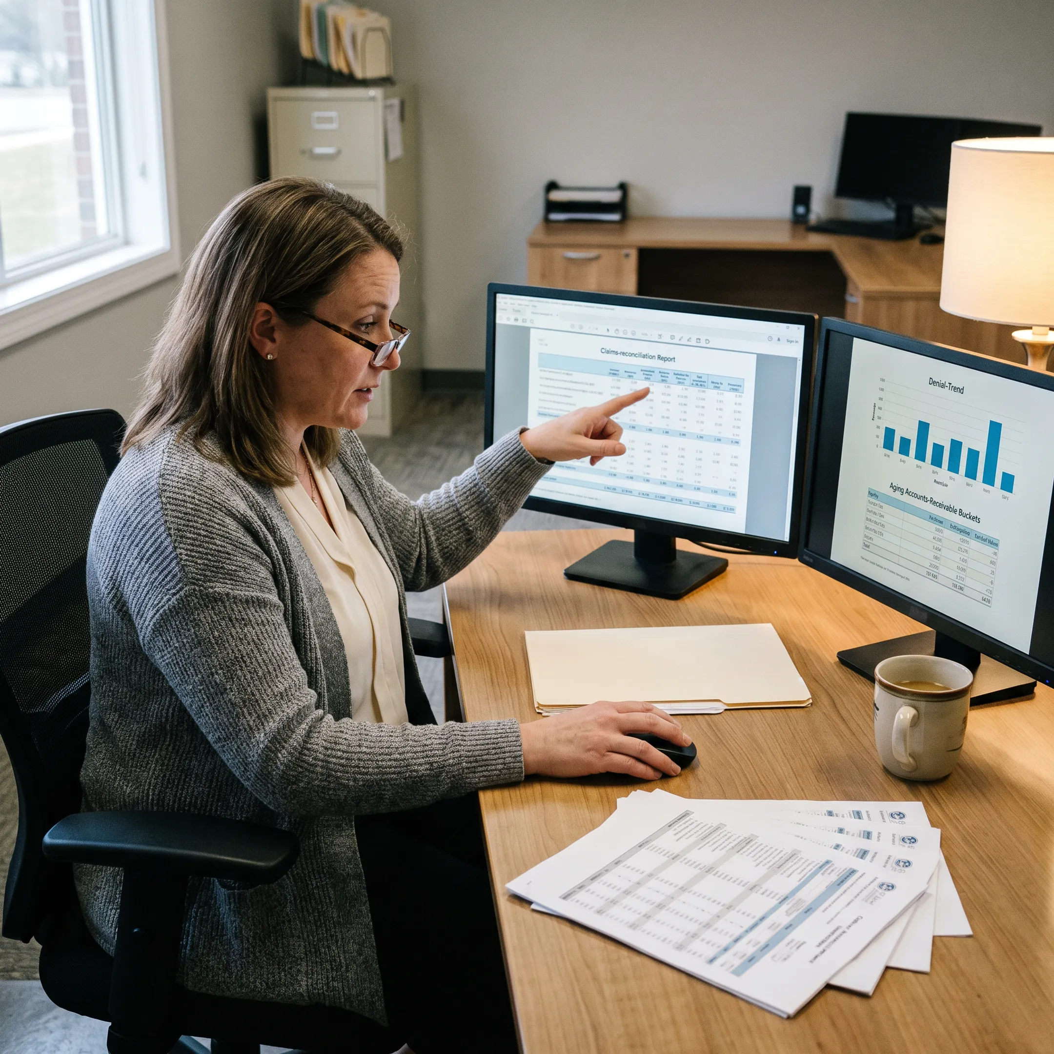 Infectious disease practice administrator reviewing billing reports and aging accounts receivable