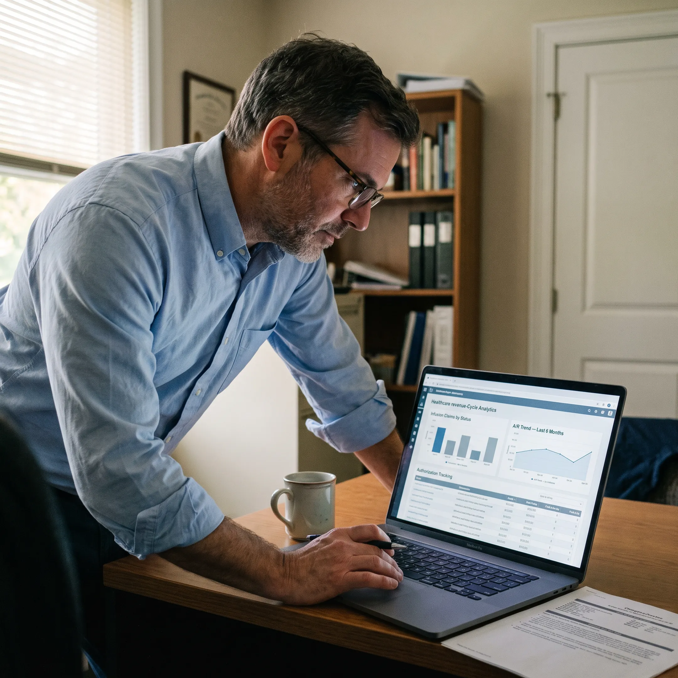 ID practice leader analyzing reimbursement, infusion, and accounts receivable information