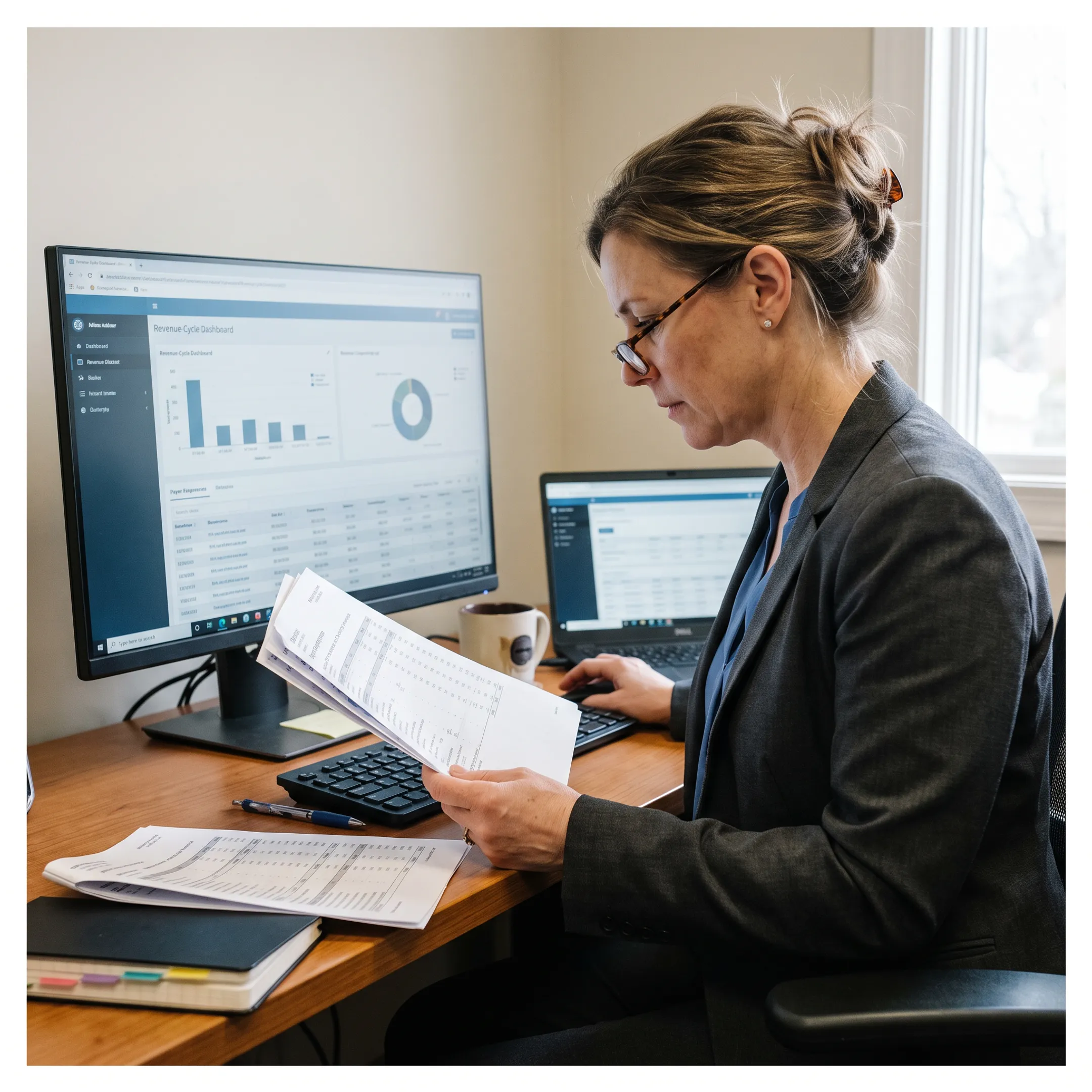 Infectious disease practice administrator reviewing revenue cycle reports and infusion billing workflows