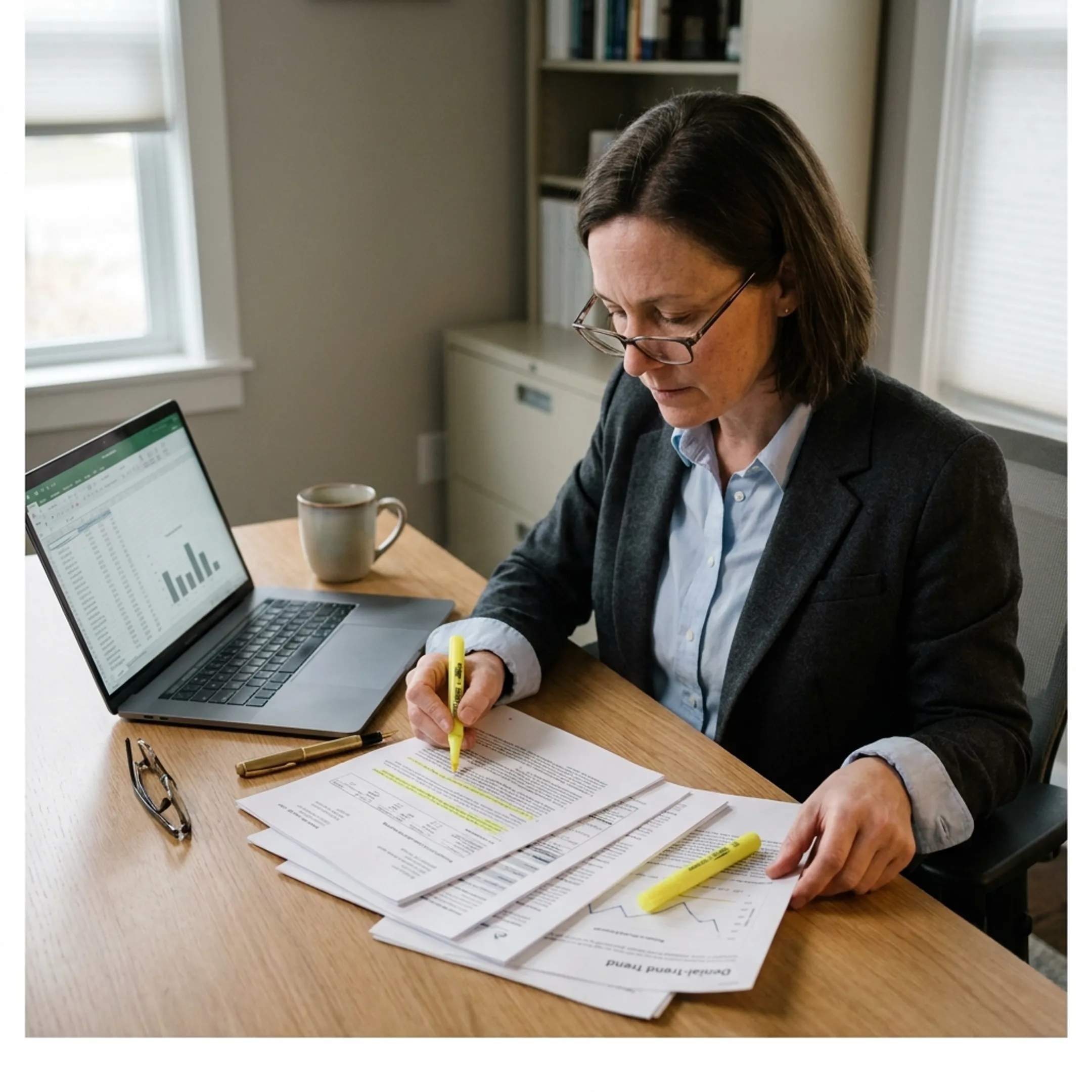 Healthcare billing specialist reviewing infectious disease revenue reports and payment records