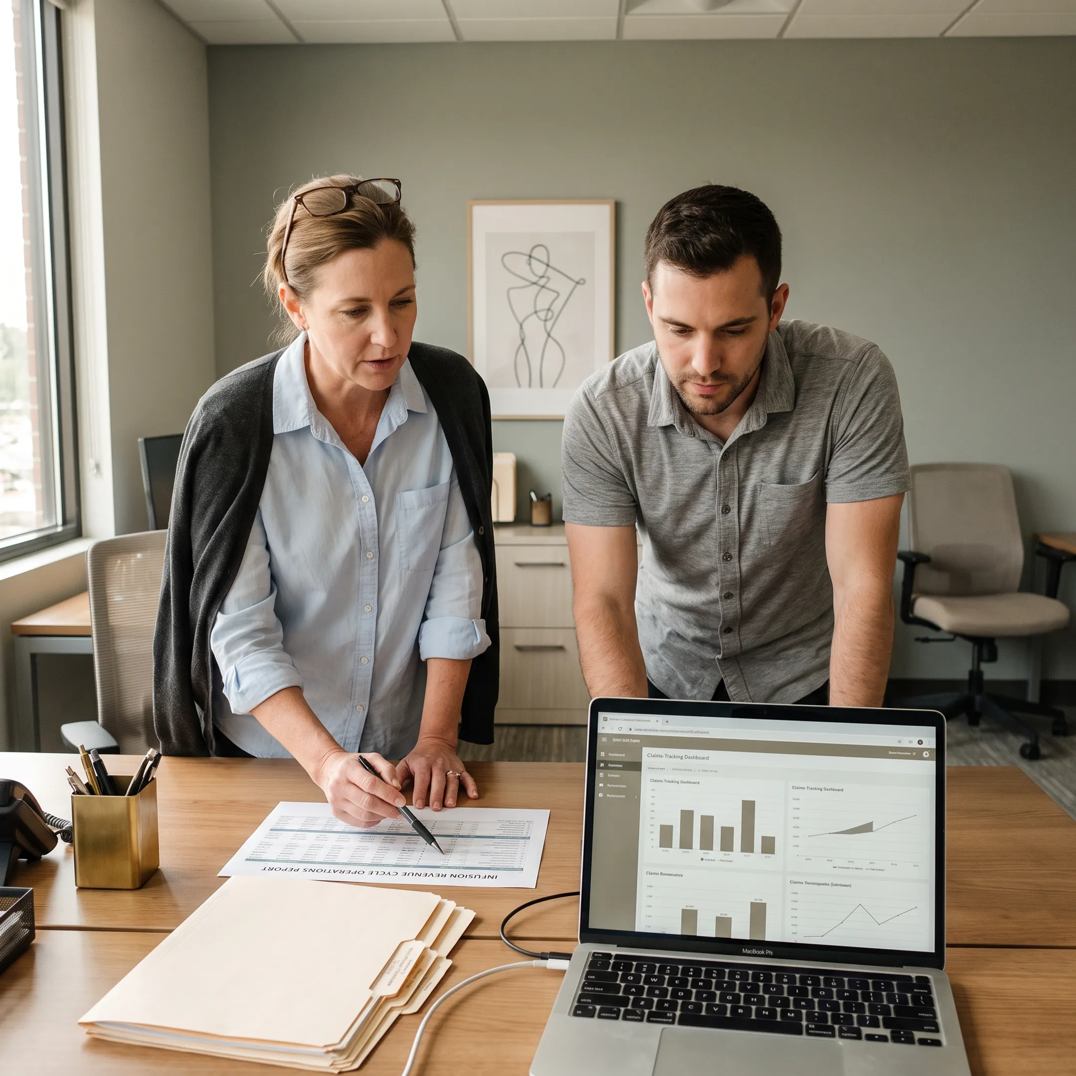 Medical billing specialists reviewing infectious disease practice revenue reports and claims workflows