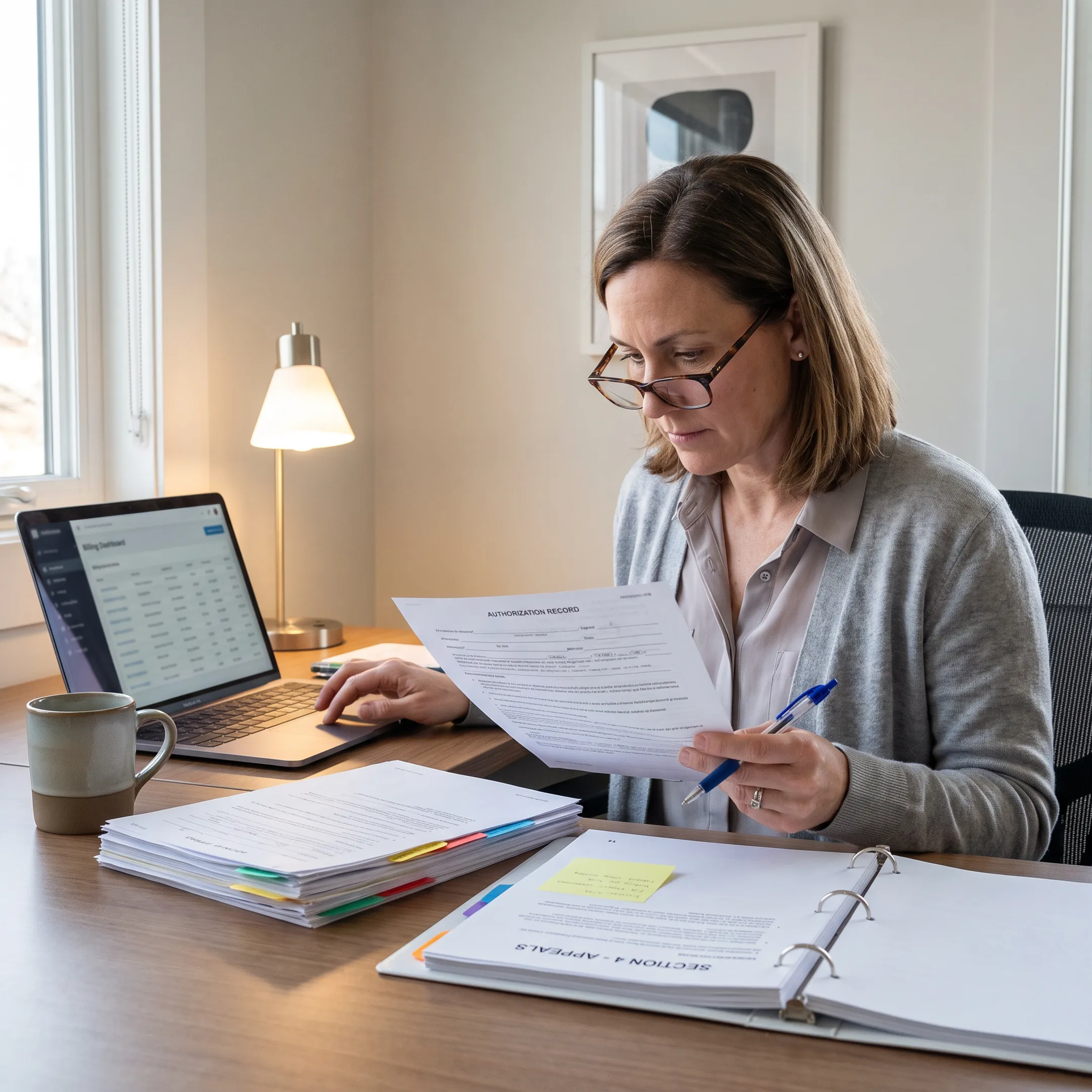 Specialist analyzing infectious disease billing workflow and infusion reimbursement records