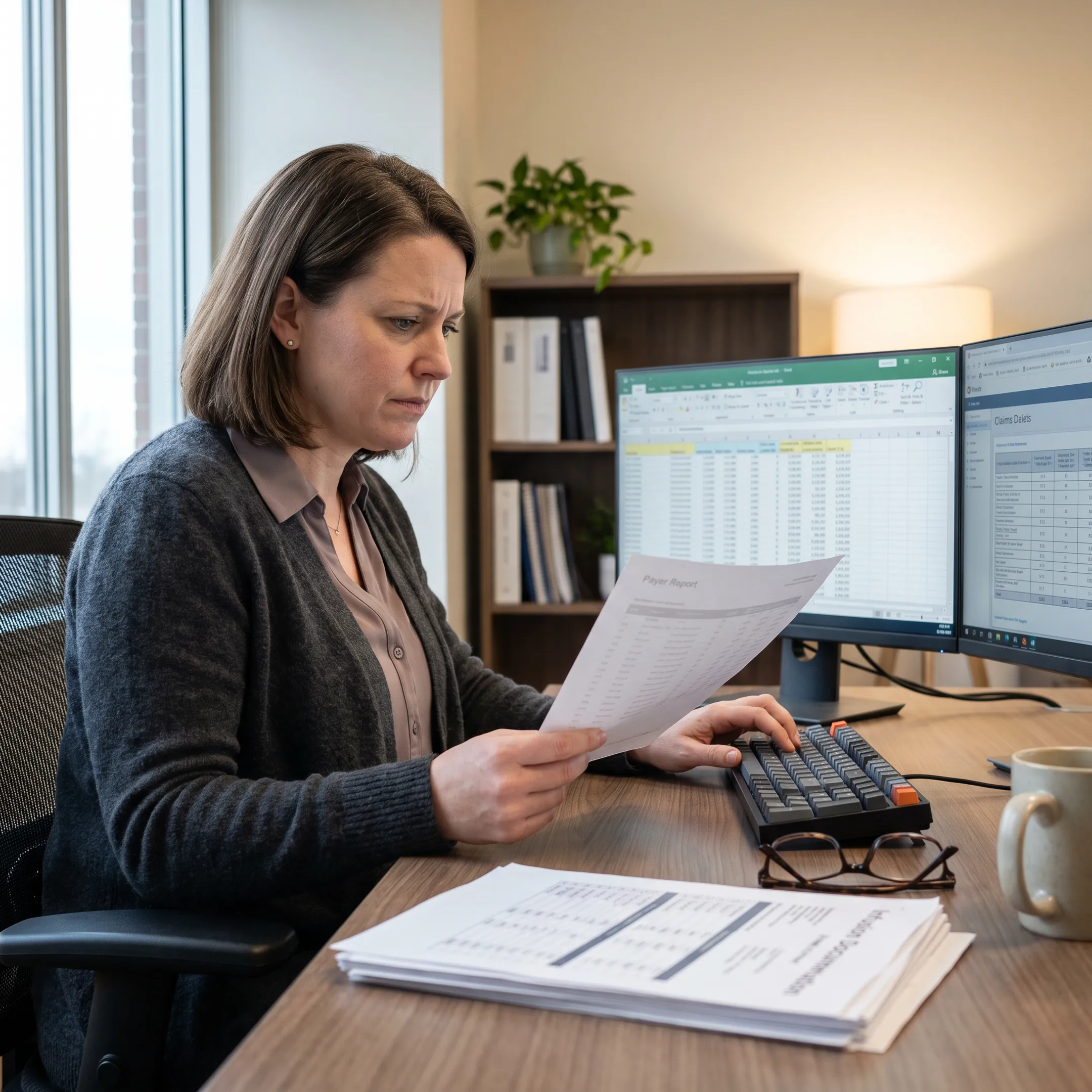 Medical billing specialist reviewing infectious disease practice claims and revenue reports