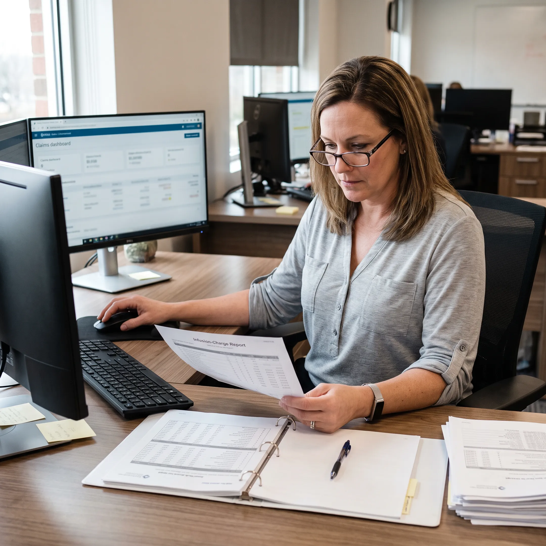 Billing specialist reviewing infectious disease practice claims and revenue reports