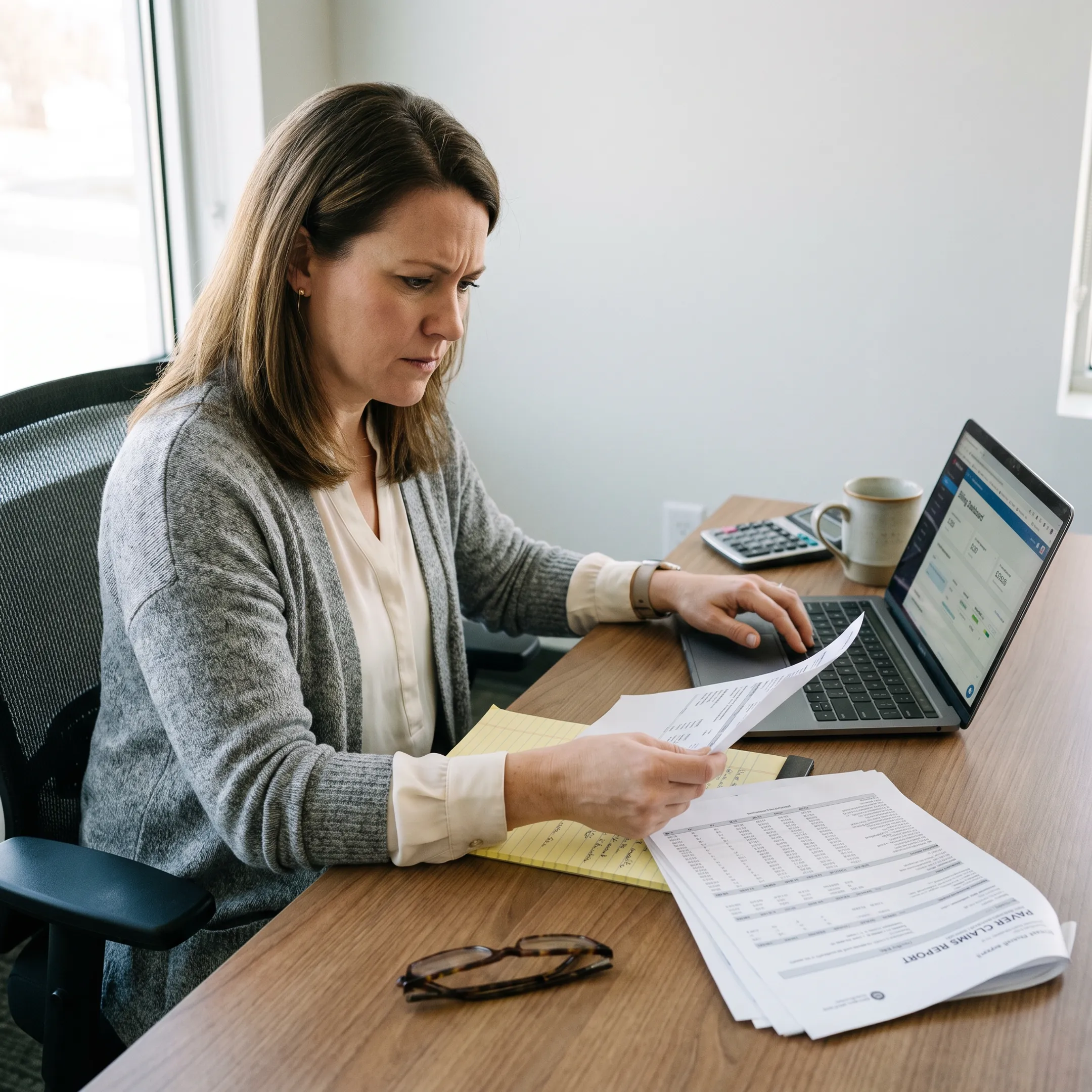 Medical billing specialist reviewing infectious disease practice claims and revenue reports