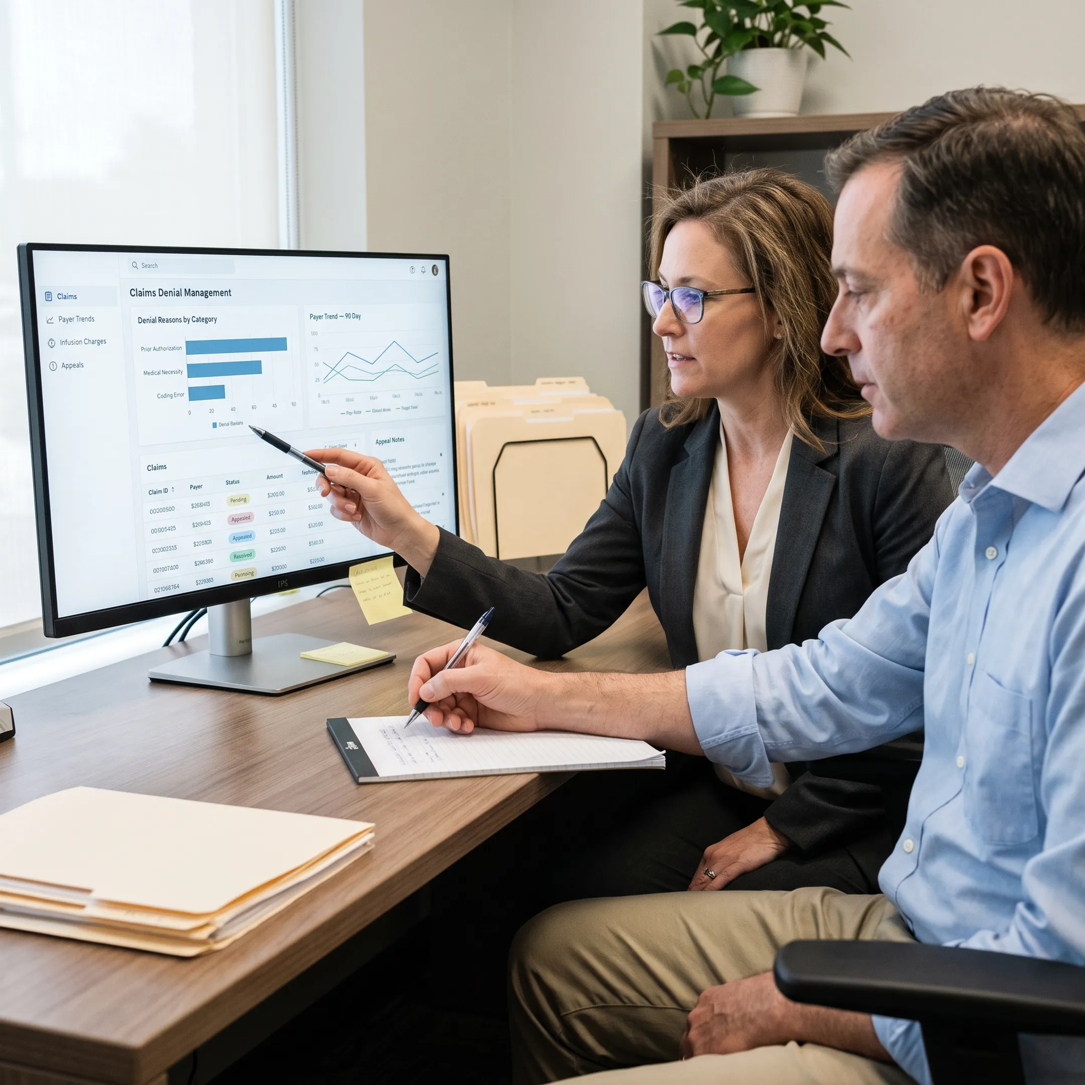 Infectious disease practice team reviewing billing denials and claims workflow on software dashboard