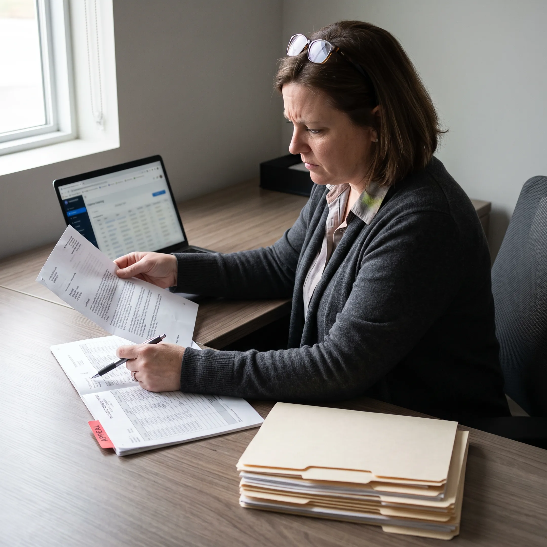 Billing specialist analyzing infectious disease claim denials and appeal documentation