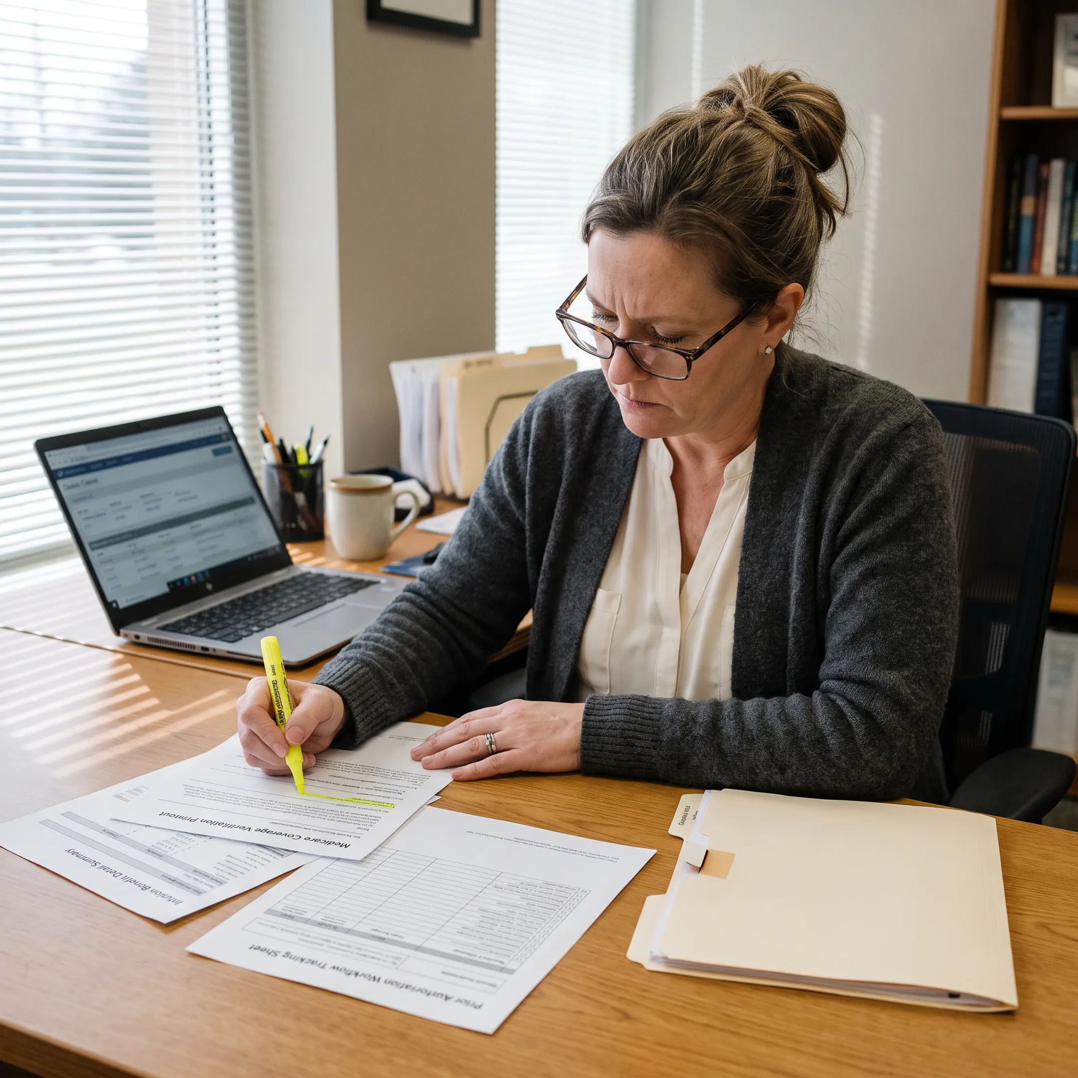 Specialist reviewing Medicare coverage and infusion authorization documents