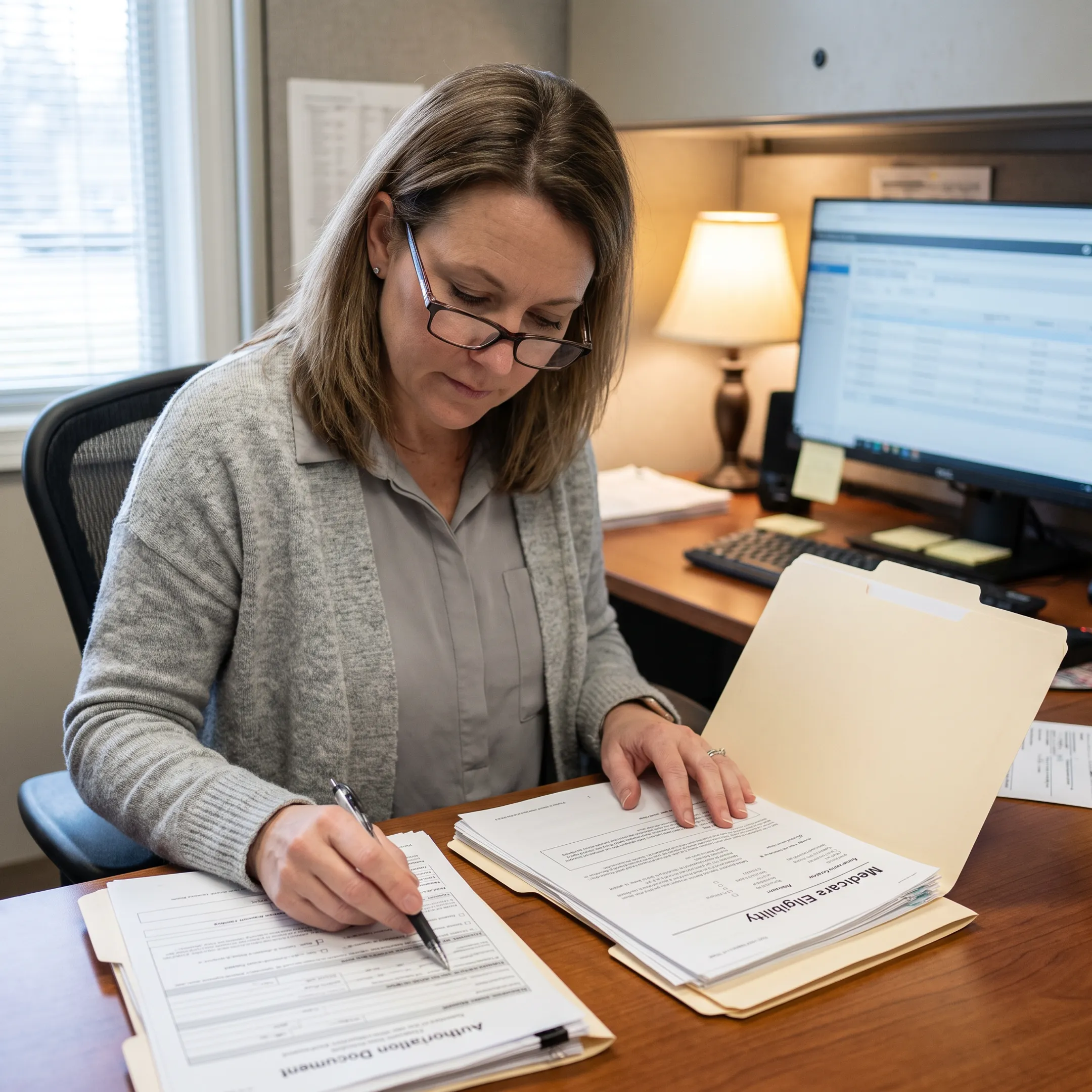 Medical billing specialist reviewing Medicare eligibility information for an infectious disease practice