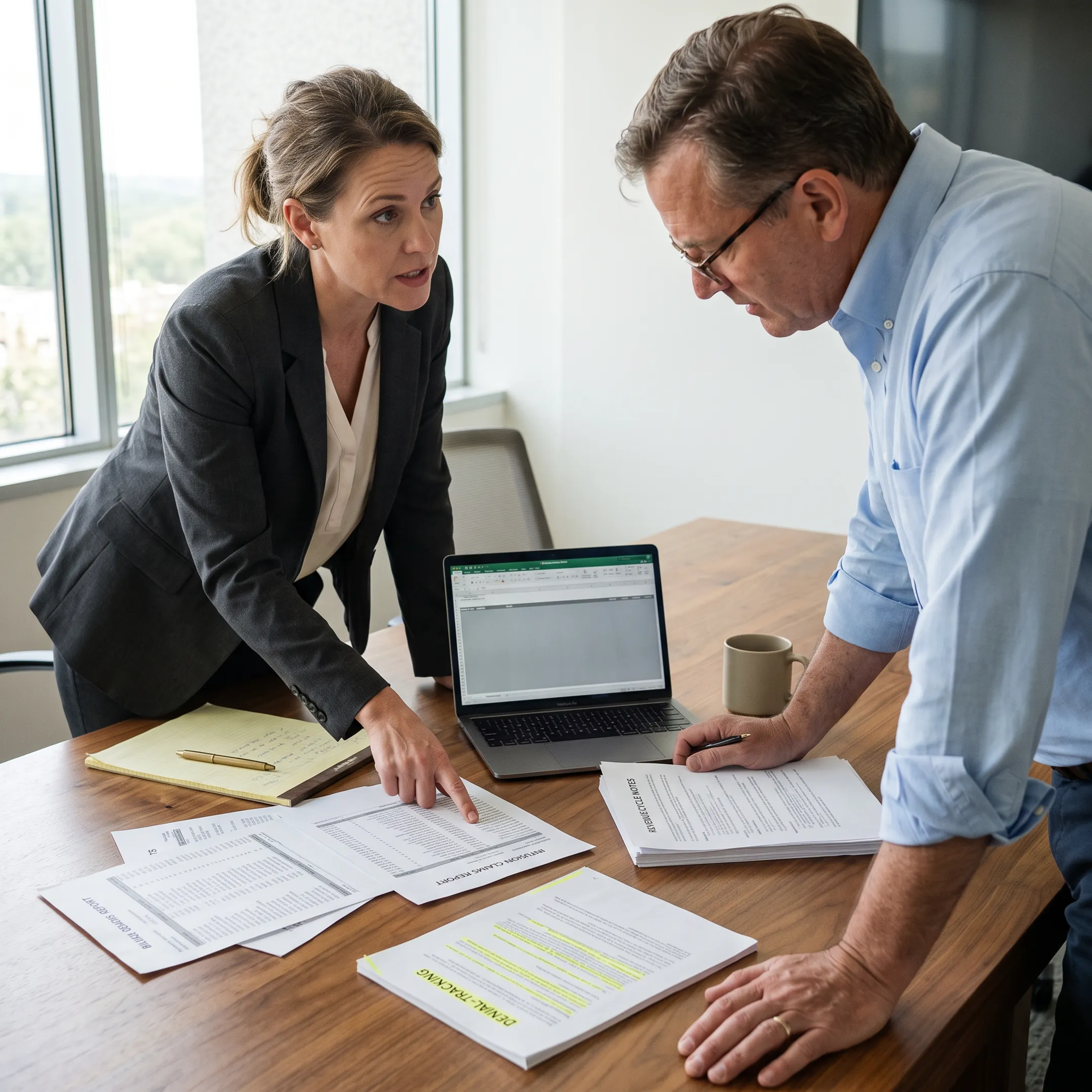Consultant reviewing infectious disease claims and revenue cycle reports with a medical practice administrator