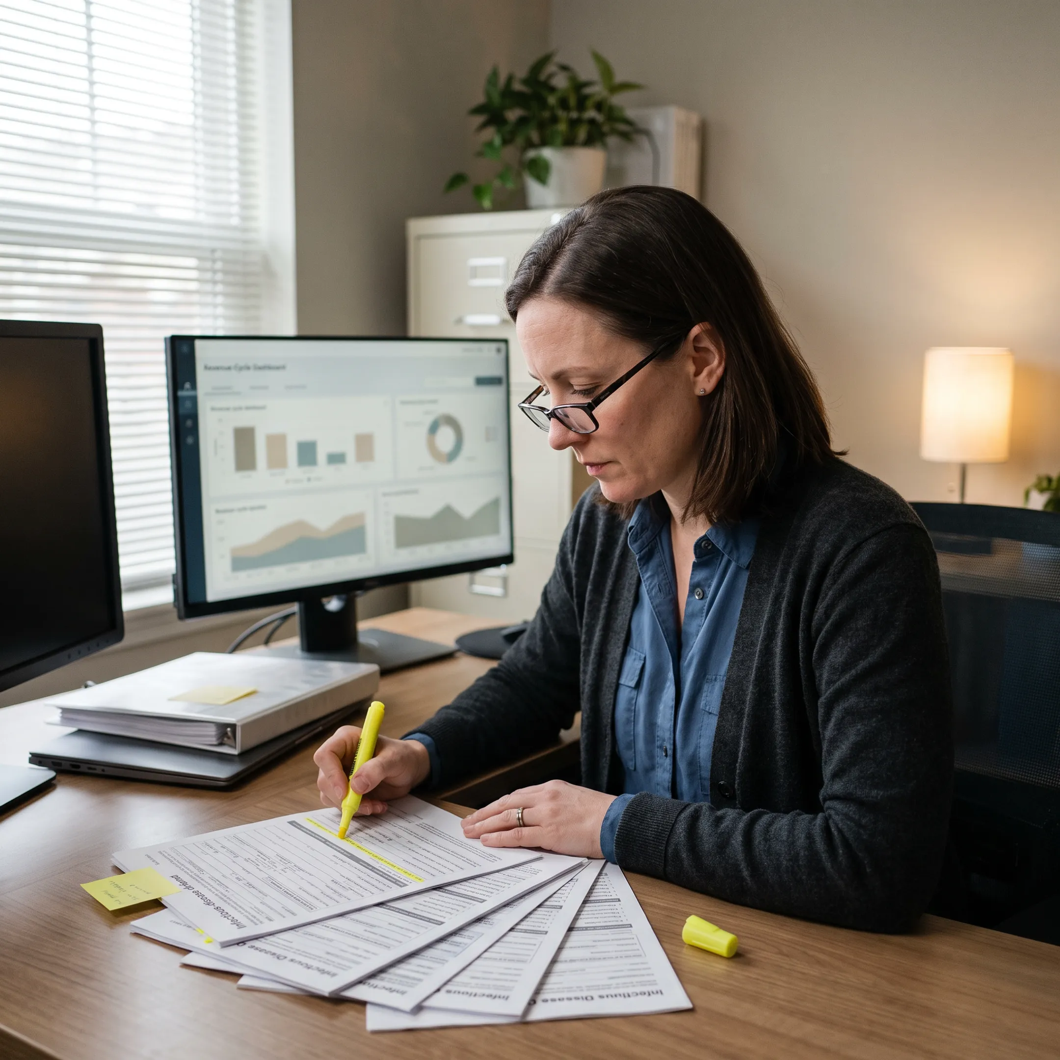 Medical billing specialist reviewing infectious disease practice claims and revenue reports
