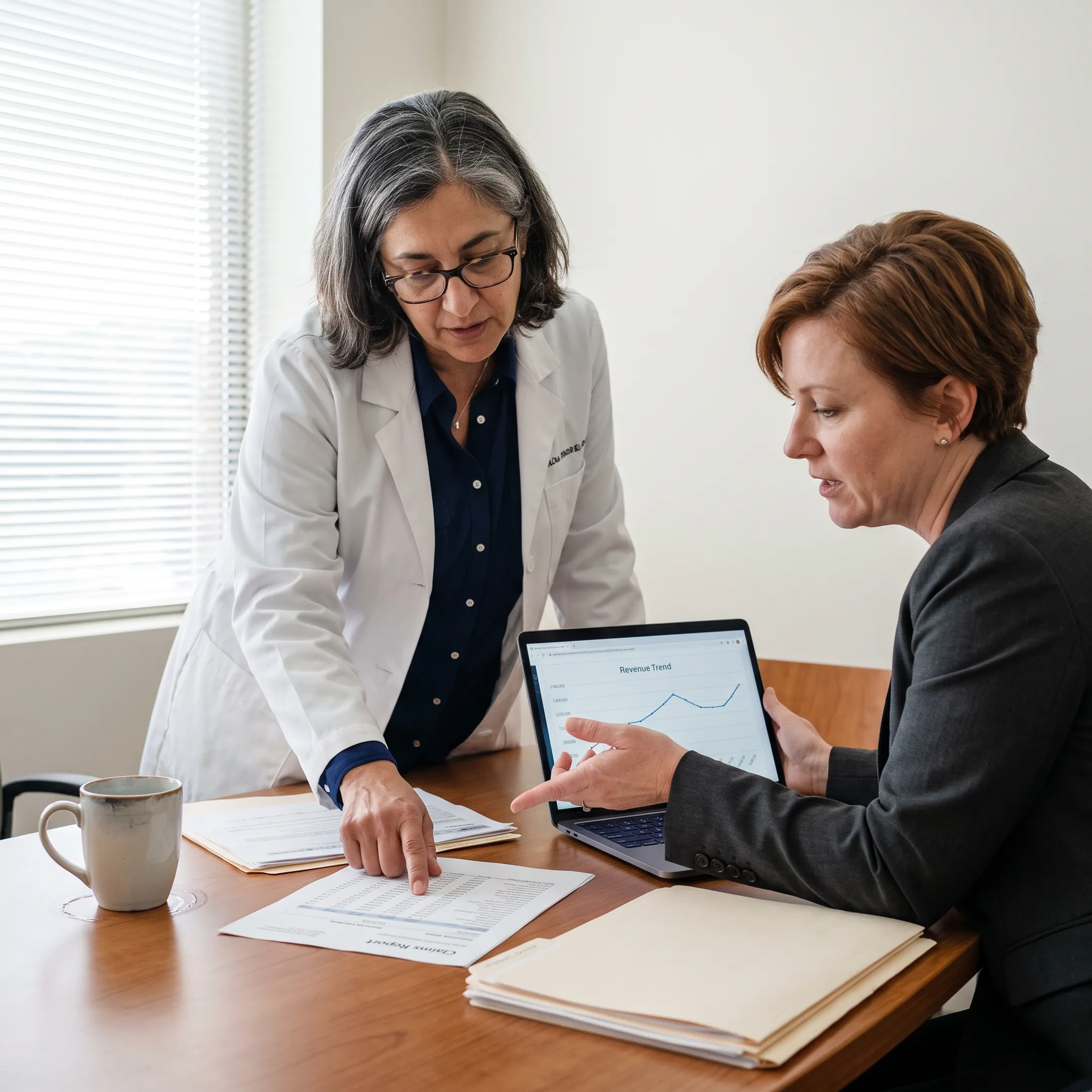 Infectious disease physician reviewing billing and revenue cycle reports with practice administrator