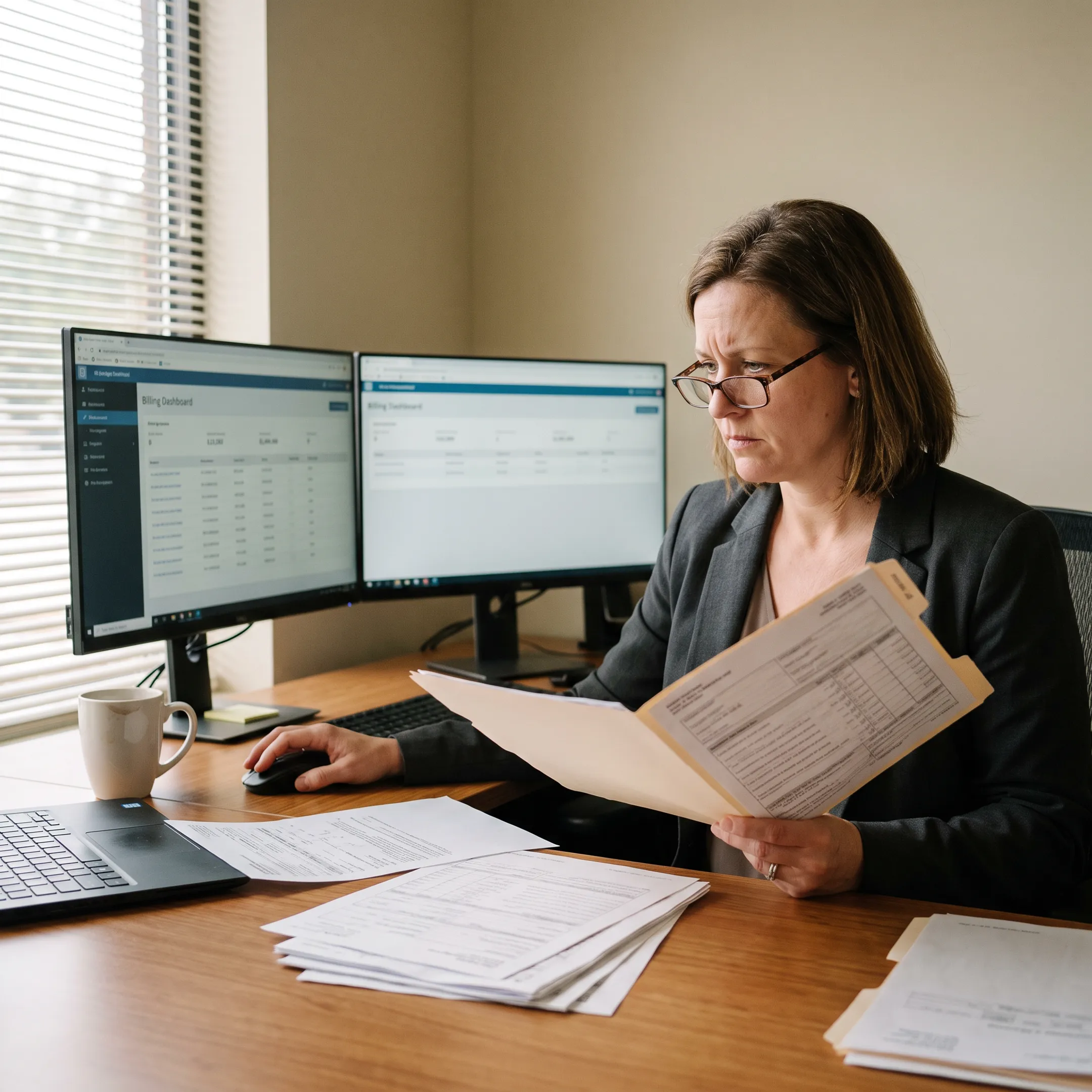 Revenue cycle specialist reviewing infectious disease billing reports and infusion claims on a computer